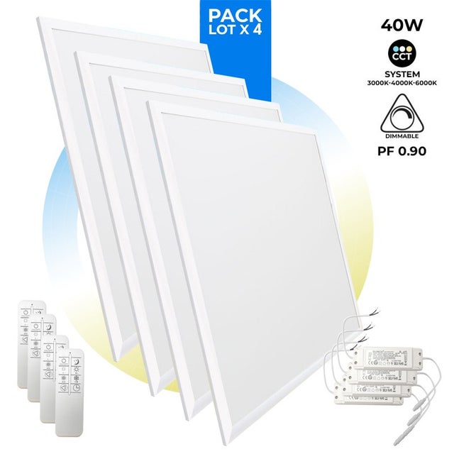Lot de 4 - Panneau LED extra-plat CCT dimmable avec télécommande - 60x60cm - 40W