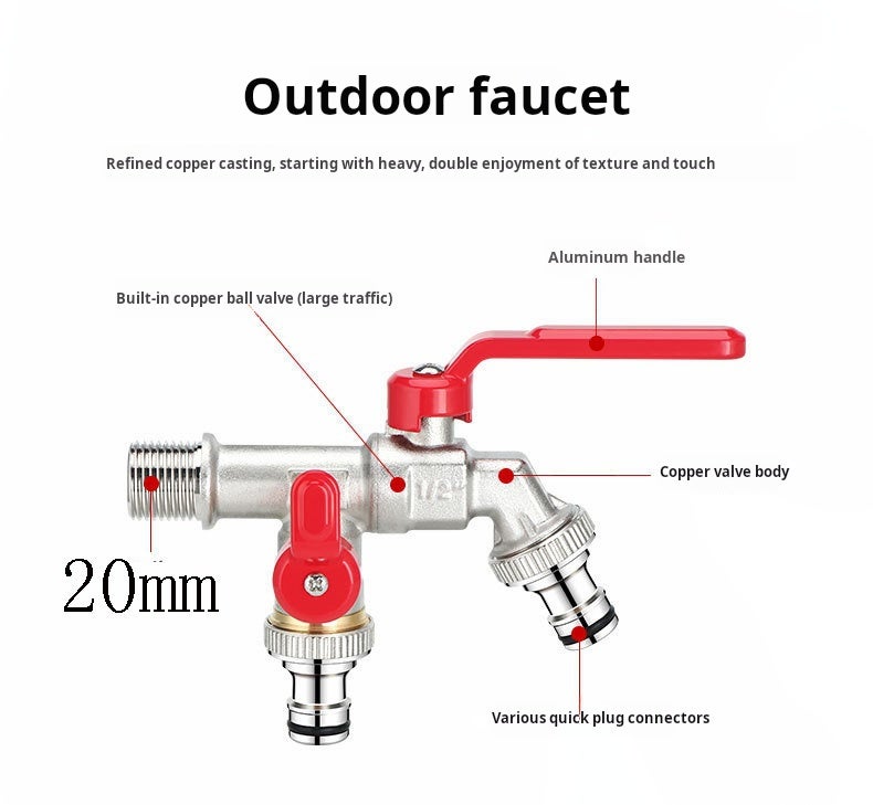 Robinet d'arrosage multifonction 1 en 2 pour machine à laver, jardin, pelouse, dents externes de 20 mm (rouge) - 4