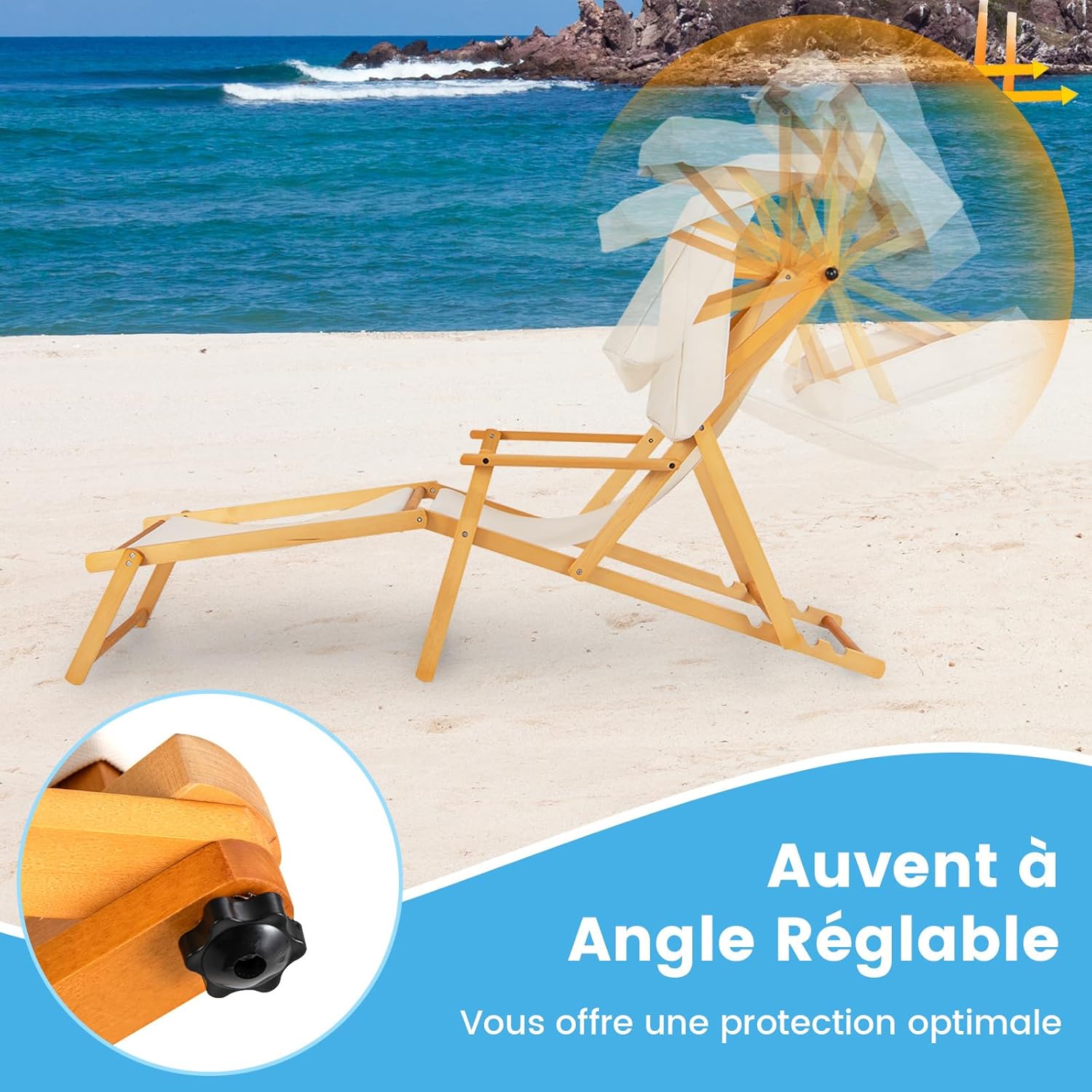 Sedia a Sdraio in Legno di Betulla, Lettino Prendisole da Giardino, Sedia da Spiaggia Pieghevole con Cappottina Regolabile e Rimovibile, Schie - 4