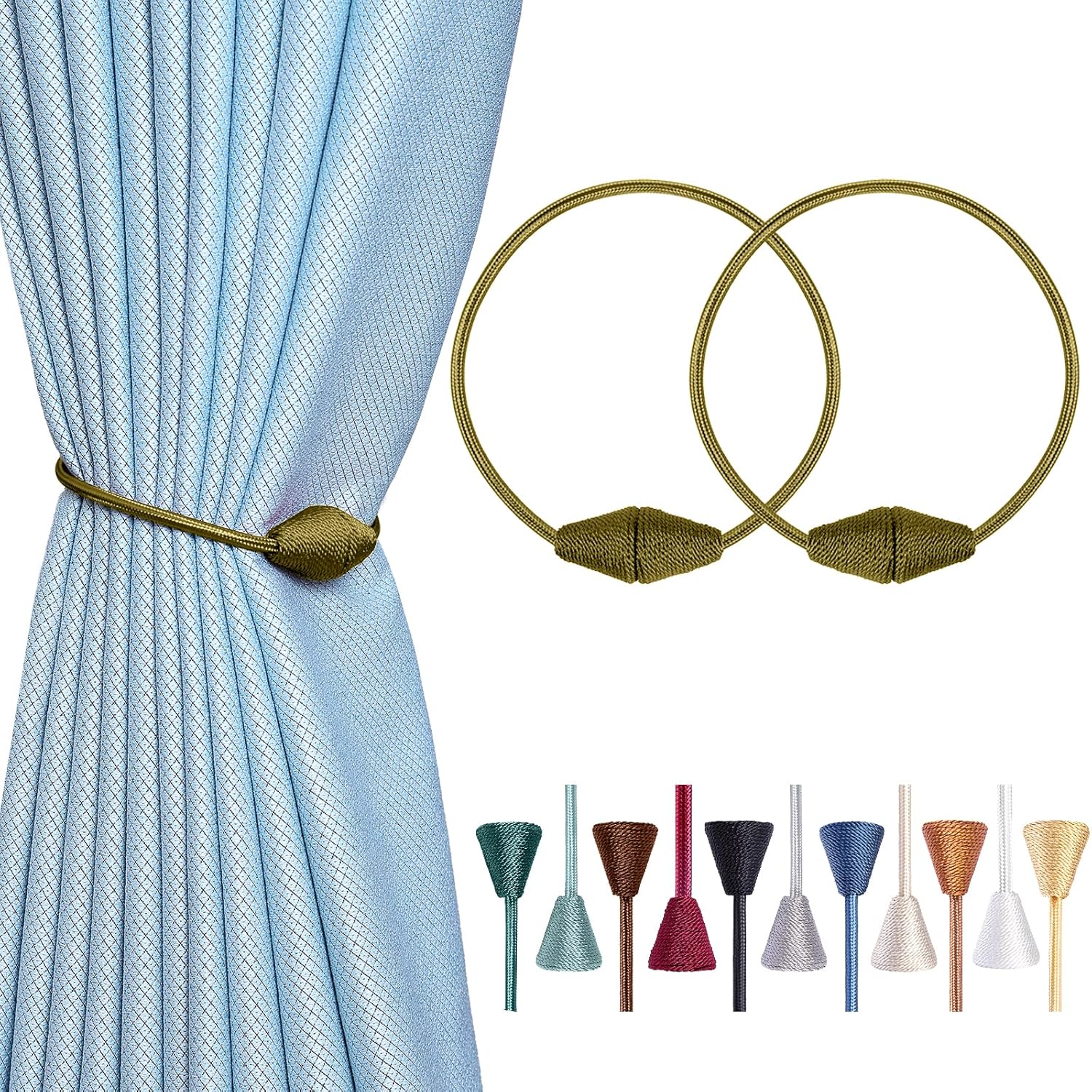 Magnetyczne opaski do zasłon z większym magnesem, 4 sztuki 40 cm uchwytów do zasłon (zieleń wojskowa)