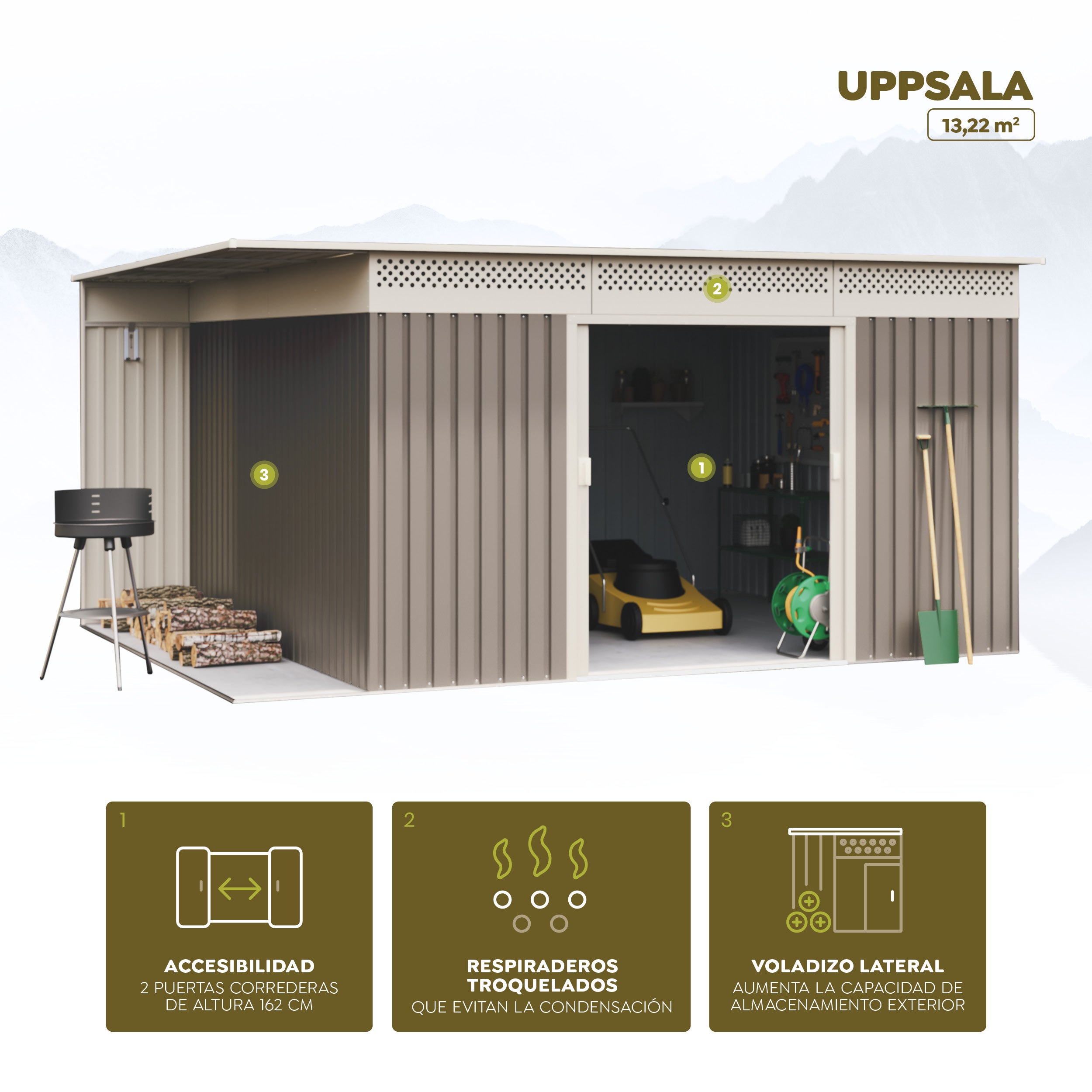 Abri de Jardin Premium Uppsala 13.22m2 avec bûcher - Garantie 10 Ans -397x333x191cm. Remise Métal - 8