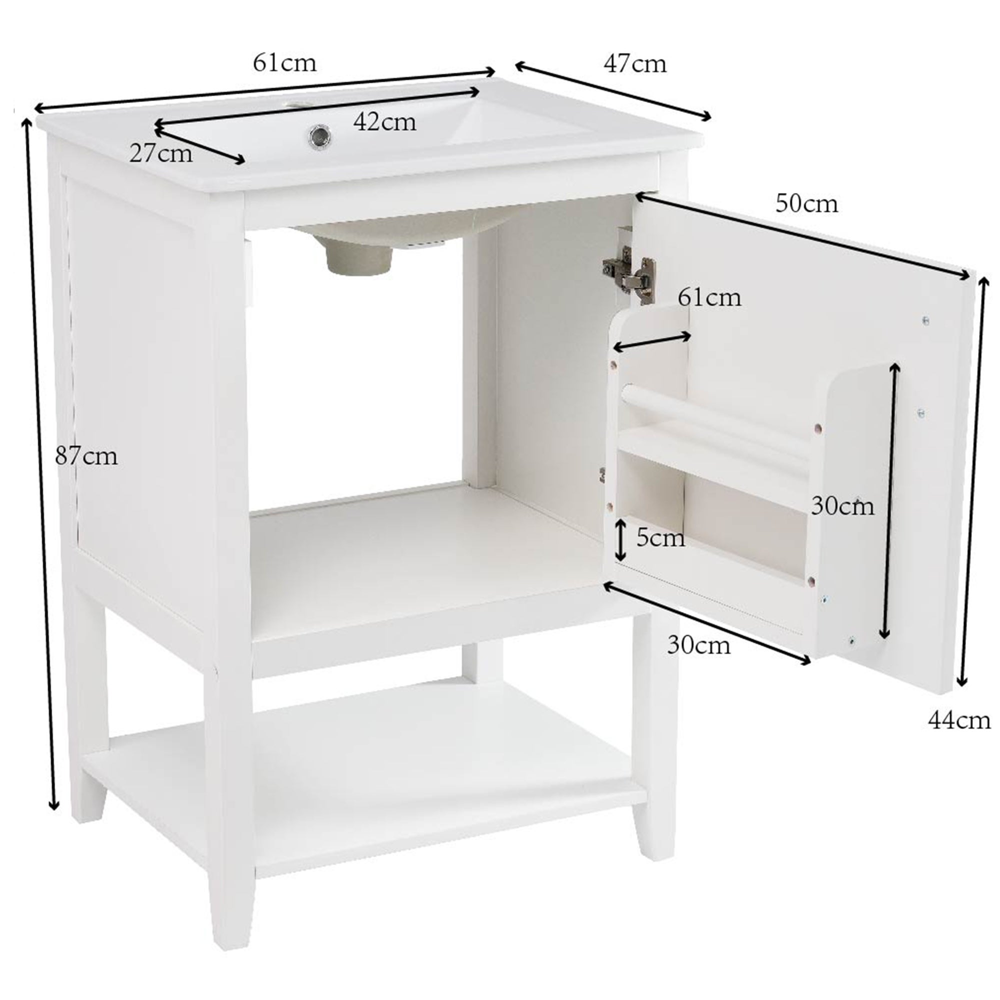 Meuble de salle de bains vasque simple, meuble-lavabo 60 cm avec vasque en céramique et étagère, blanc - 5