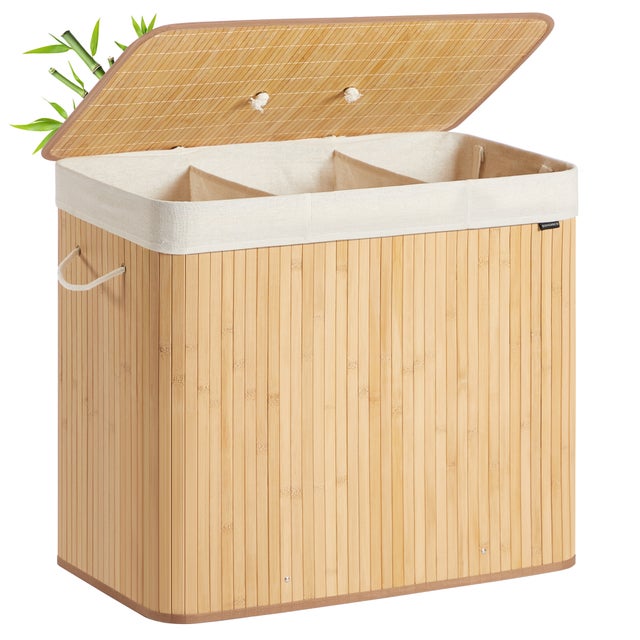 Cesto de la Ropa Sucia con Tapa, 3 compartimentos, 170 L, Bambú, Plegable, Bolsa Lavable, Natural
