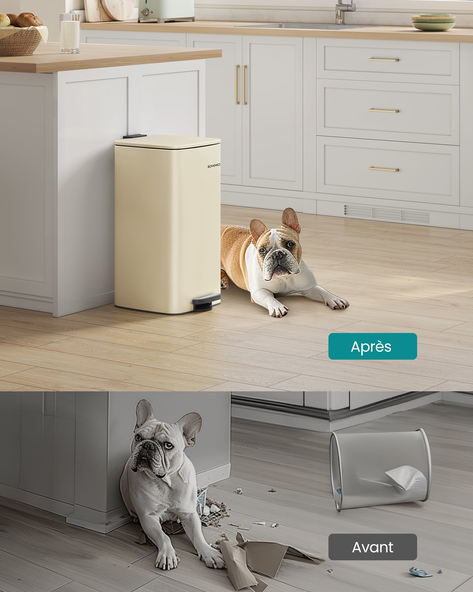 Poubelle de Cuisine, Poubelle 30 L, Poubelle à Pédale en Acier, avec Seau Intérieur, Fermeture Douce et Maintien en Ouverture, Beige Sable - 3