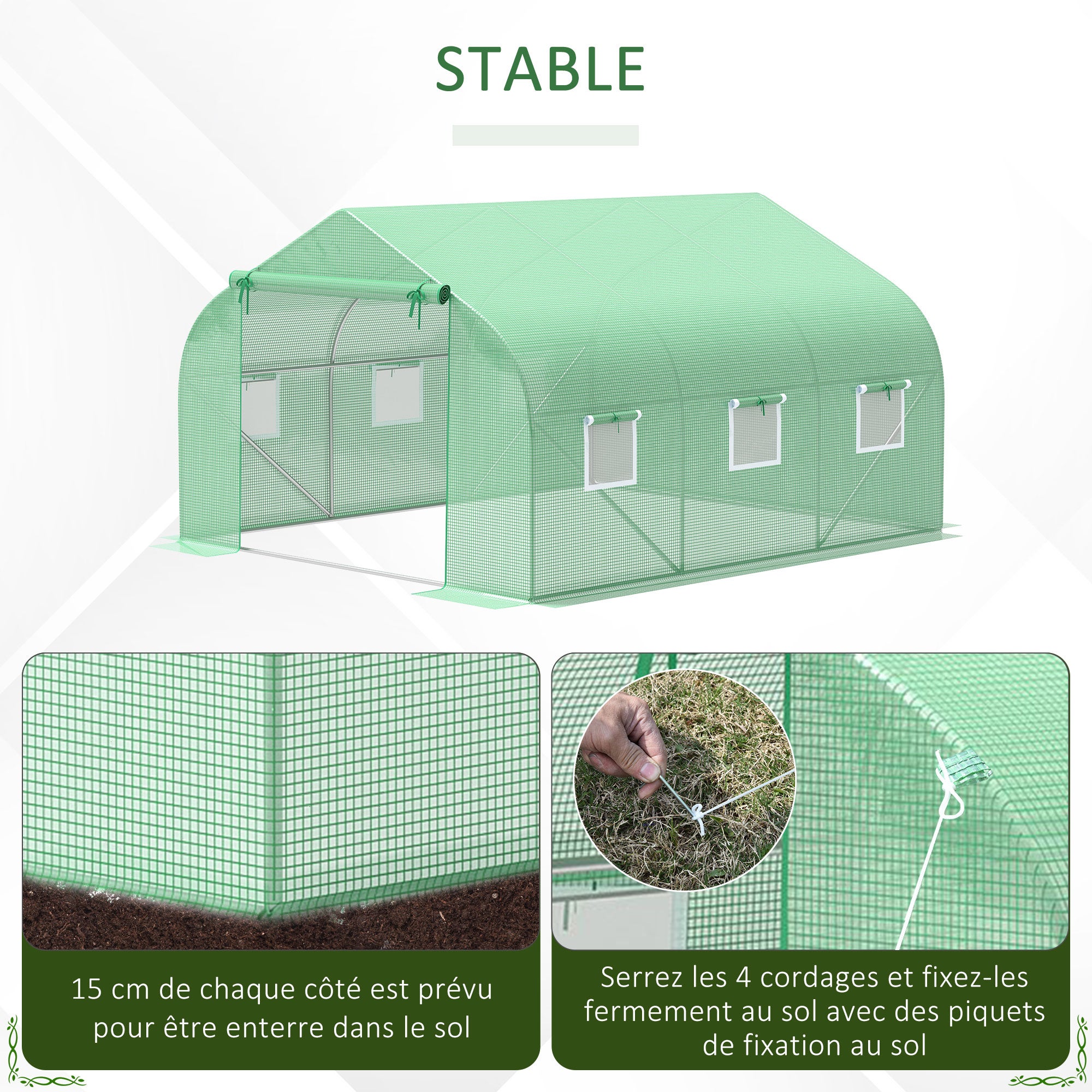 Serre Tunnel de Jardin 10,5 m² dimensions 3,5L x 3l x 2H m Porte + 6 fenêtres enroulables Acier galvanisé bâche PE Haute densité Vert - 8