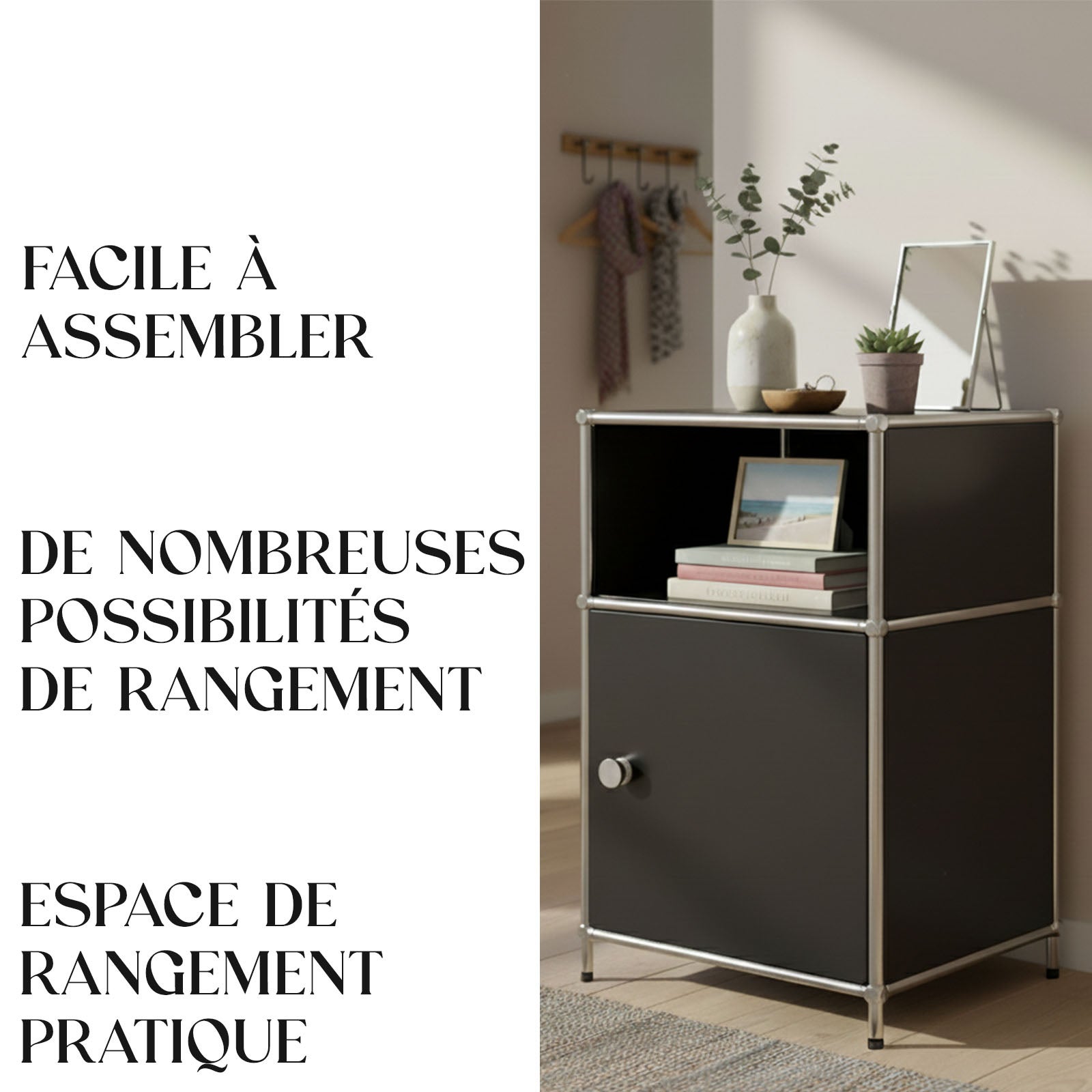 Étagère métal chromé design épuré, Concept Epuré MK-040 : 3 étages, 40 x 40 x 65 cm, Noir - 5