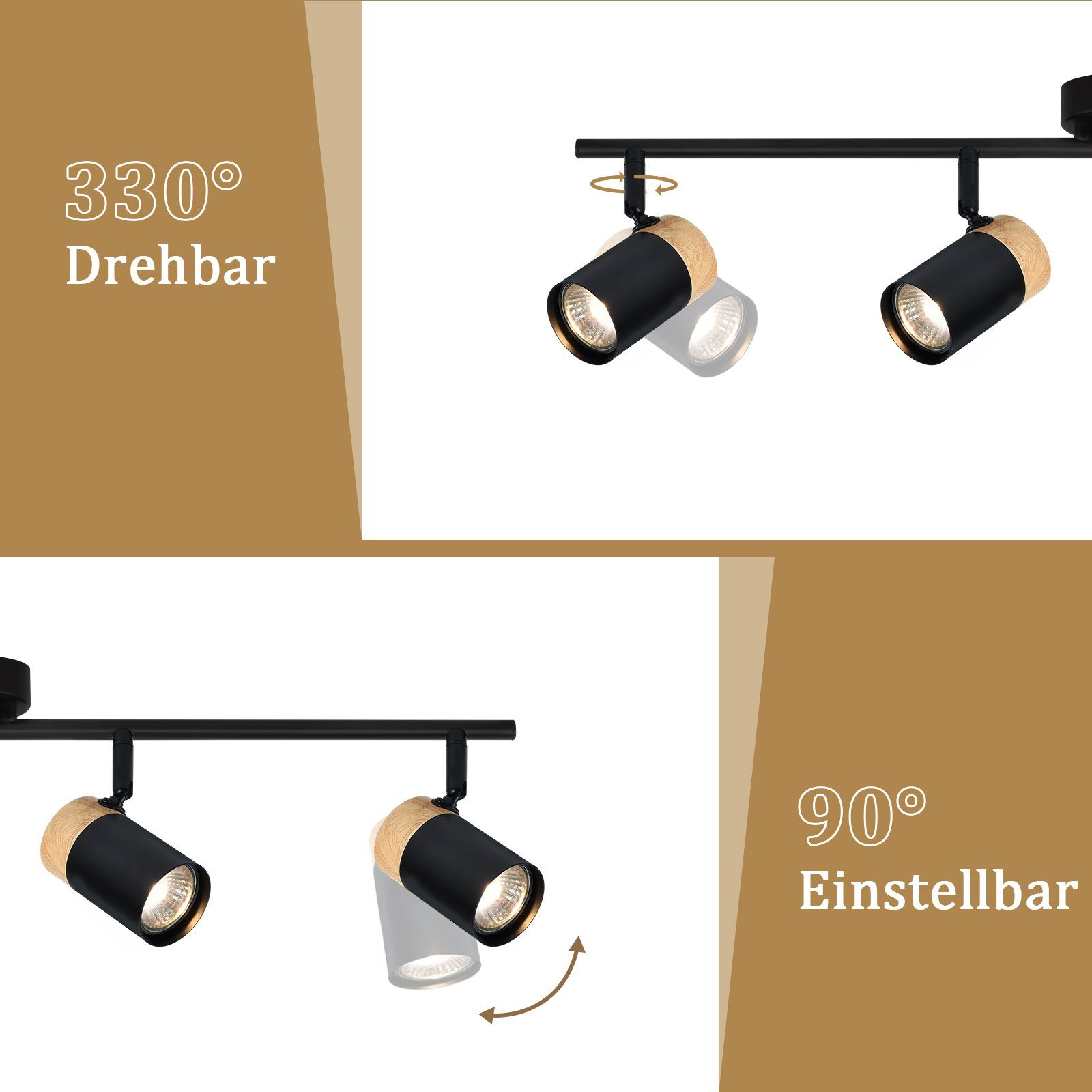 NETTLIFE Plafonnier 4 spots bois GU10 noir orientable 330° pour salon chambre cuisine chambre d'enfant sans ampoule - 2