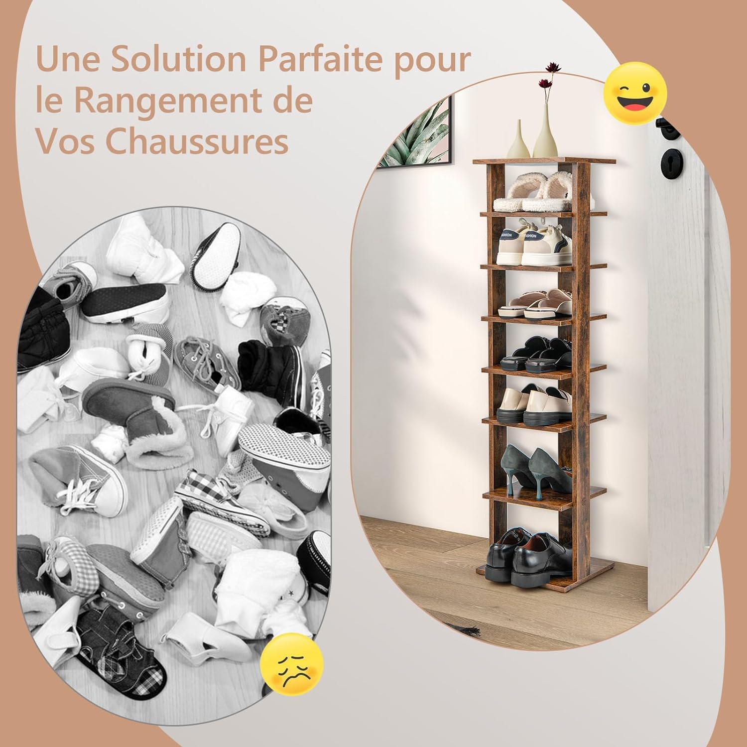 Étagère à Chaussures à 7 Niveaux, Range-Chaussures Vertical et Compact en Hauteur Différente, pour Couloir Salon Entrée 27,5 x 26,5 x 110 CM (Marron) - 2