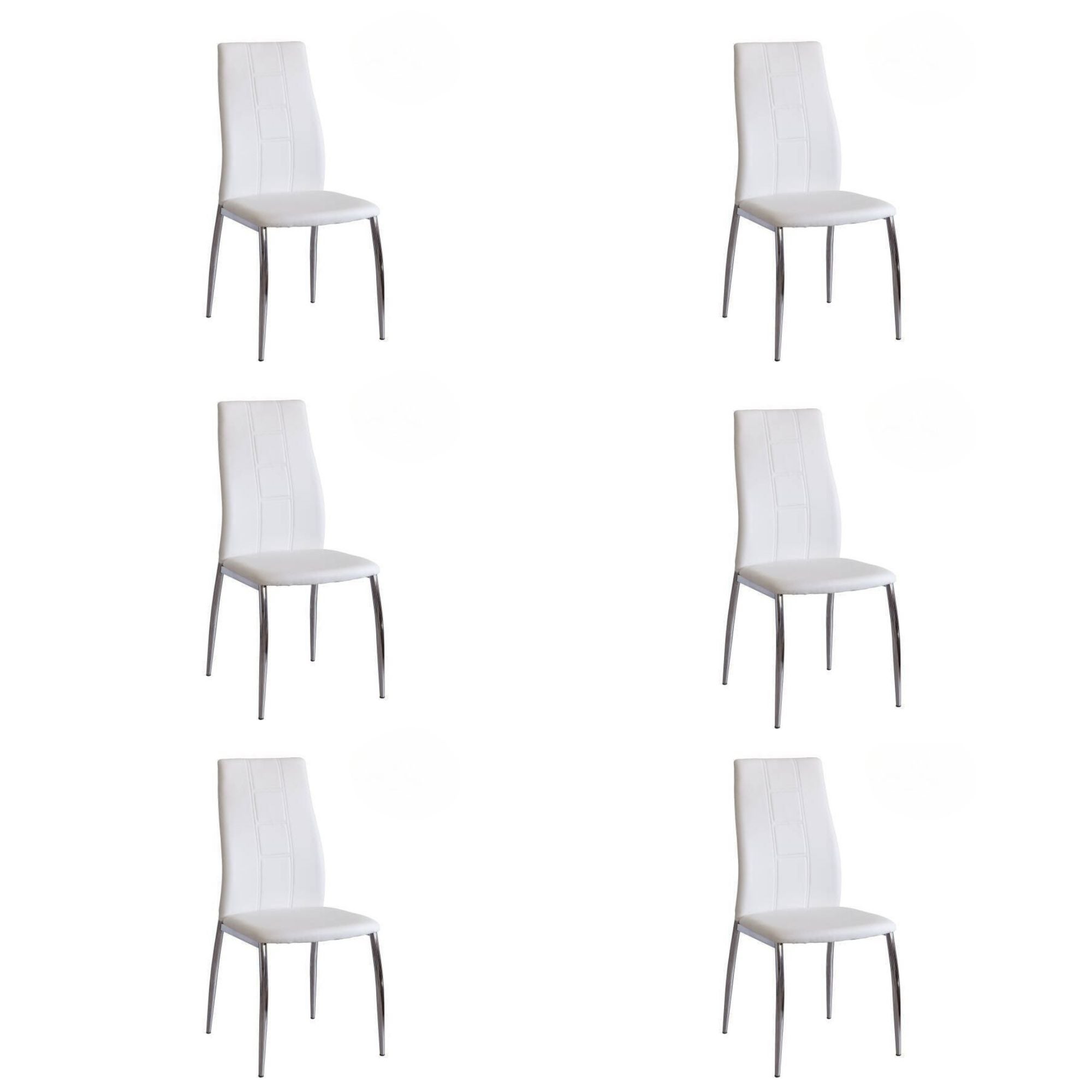 Pakiet 6 krzeseł tapicerowanych białą tkaniną z chromowanymi metalowymi nogami, wzór z geometryczną ornamentą, wymiary 44x47x99 cm