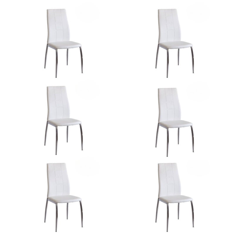 Pakiet 6 krzeseł tapicerowanych białą tkaniną z chromowanymi metalowymi nogami, wzór z geometryczną ornamentą, wymiary 44x47x99 cm