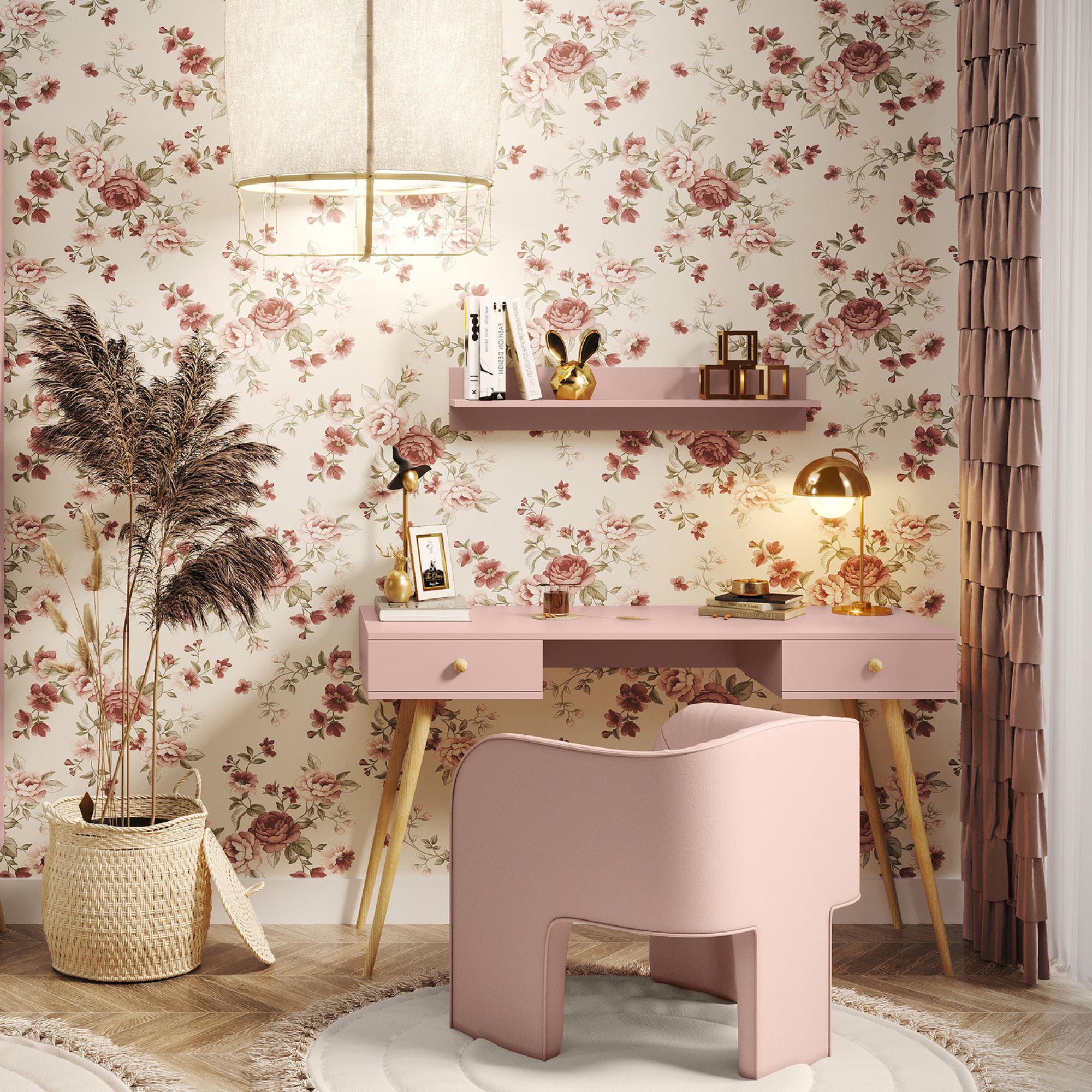 Nowoczesne Biurko Różowe z Szufladami 135x79x54 cm – Styl Skandynawski – Do Biura, Pokoju lub Gabinetu