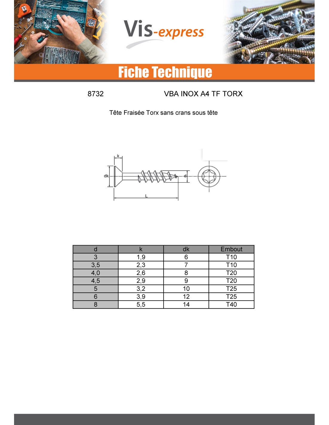 Tornillo madera aglomerado cabeza fresada/testa svasat 5X30 roscado total TORX T25 Inoxidable A4 - 2
