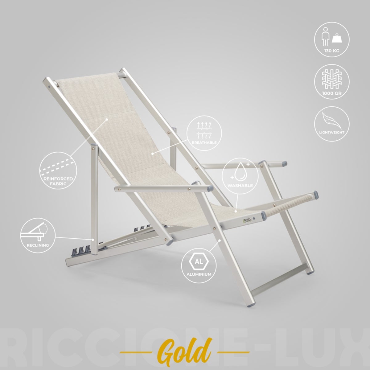 4 chaises de plage pliantes mer accoudoirs aluminium Riccione Gold Lux Stock - 3
