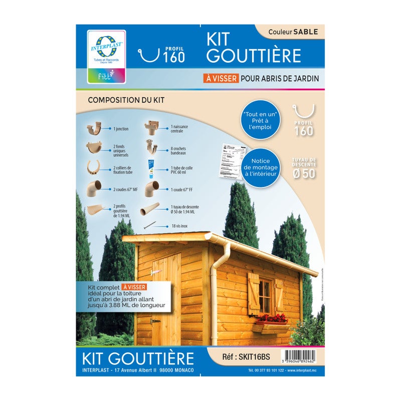 Kit gouttière pour abri de jardin en bois dév.160 sable - Fitt - Sable - PVC - 2