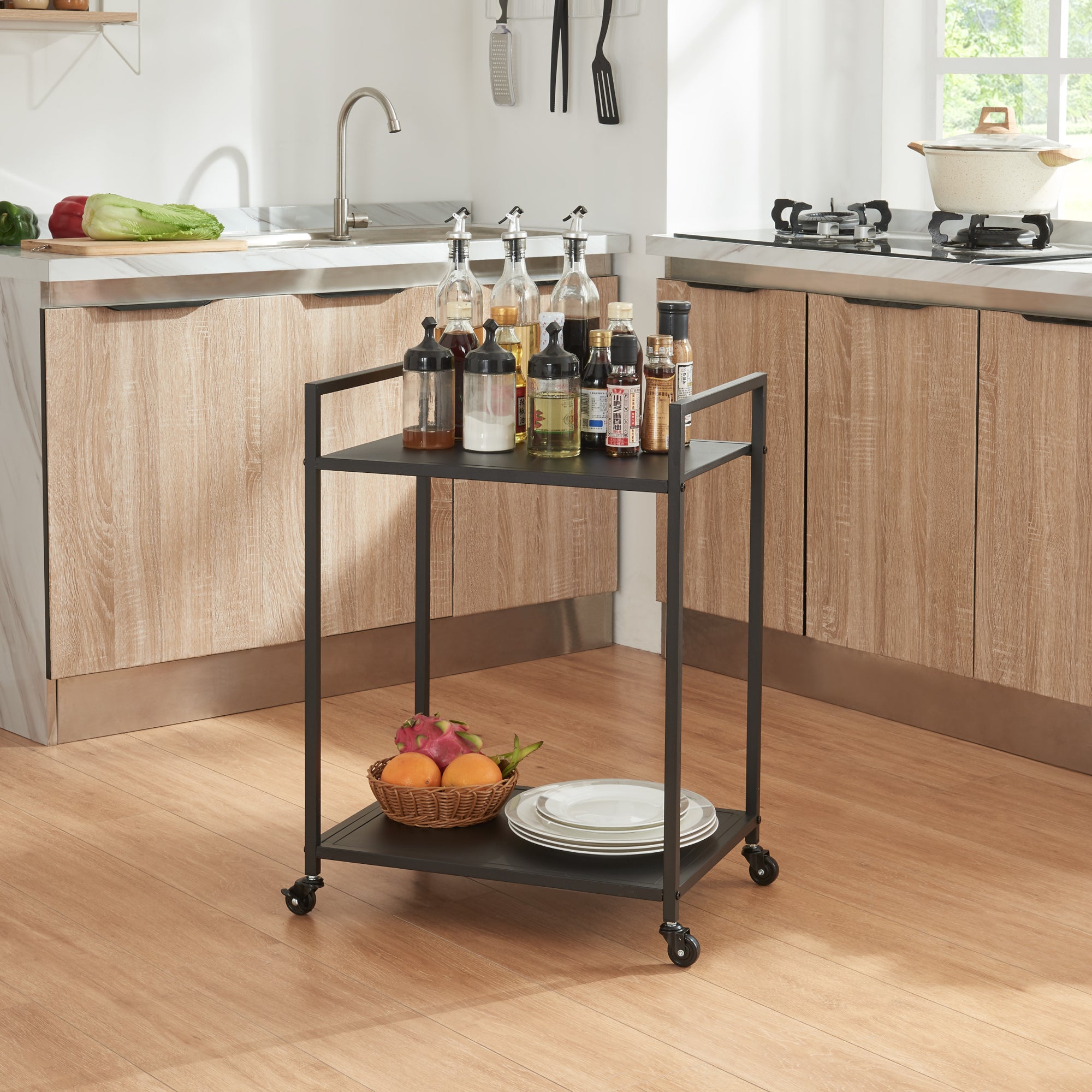 Carrello Di Servizio 2 Ripiani - 68.5x50x36cm Metallo Nero Per Cucina E Ufficio - Foto 3