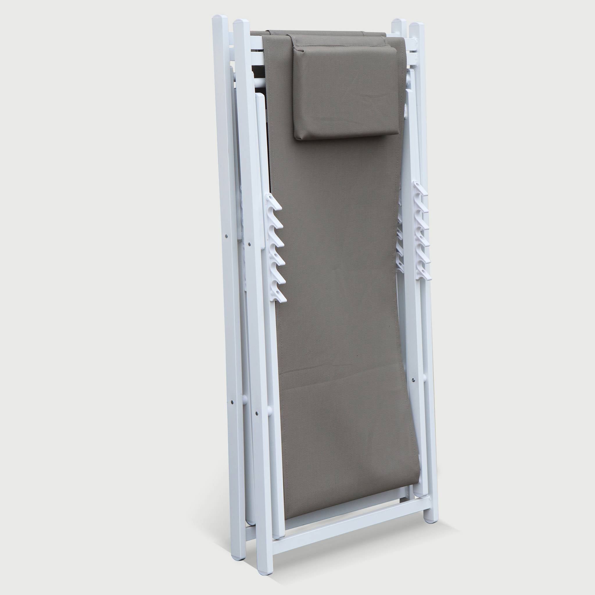 Lot de 2 bains de soleil - Gaia taupe - en aluminium blanc et textilene taupe avec coussin repose tête. chilienne - 6