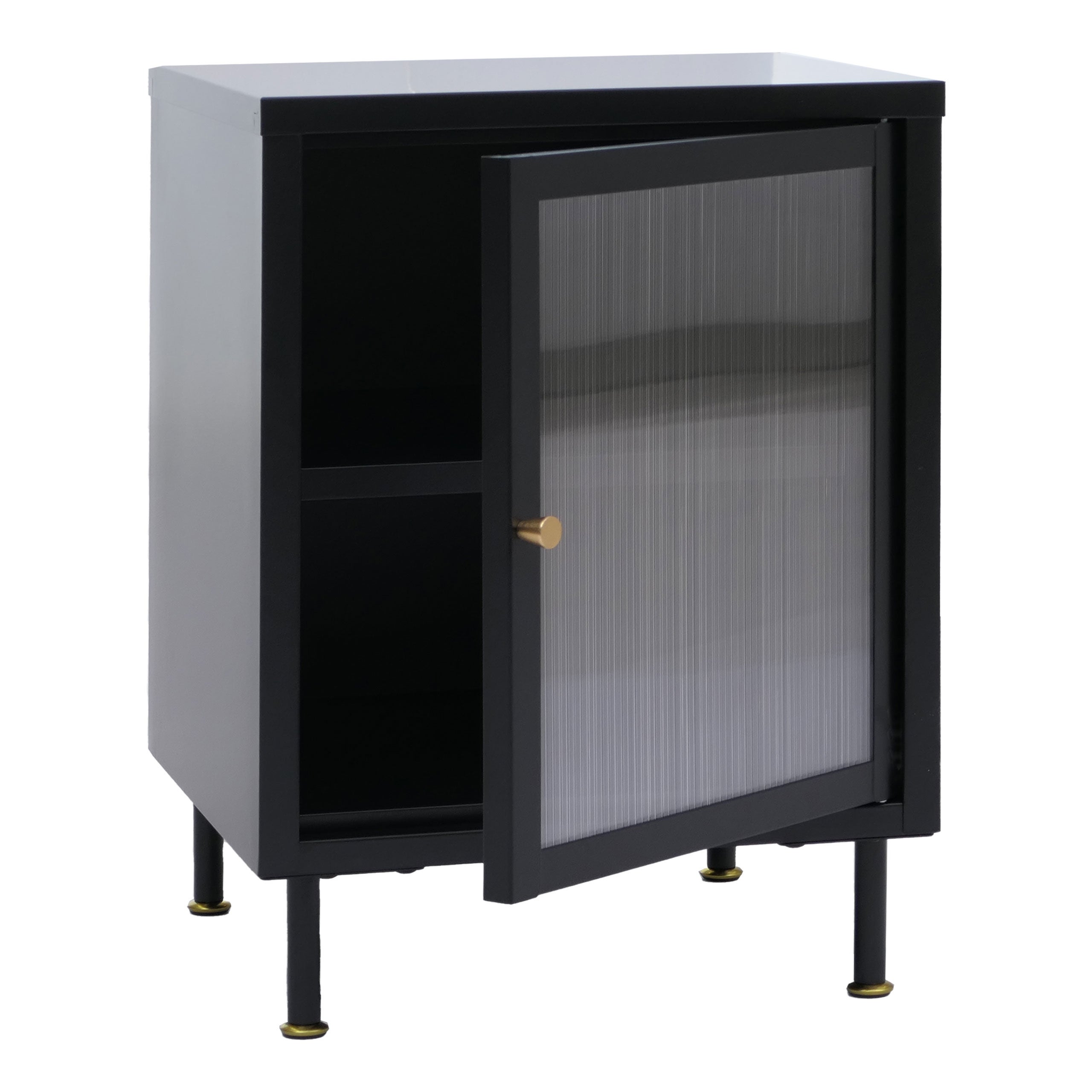 Szafka nocna HWC-O87, stolik pomocniczy, szafka nocna, szafka przemysłowa, metalowe półki, szkło trzcinowe 55 x 41 x 41 cm ~ czarna