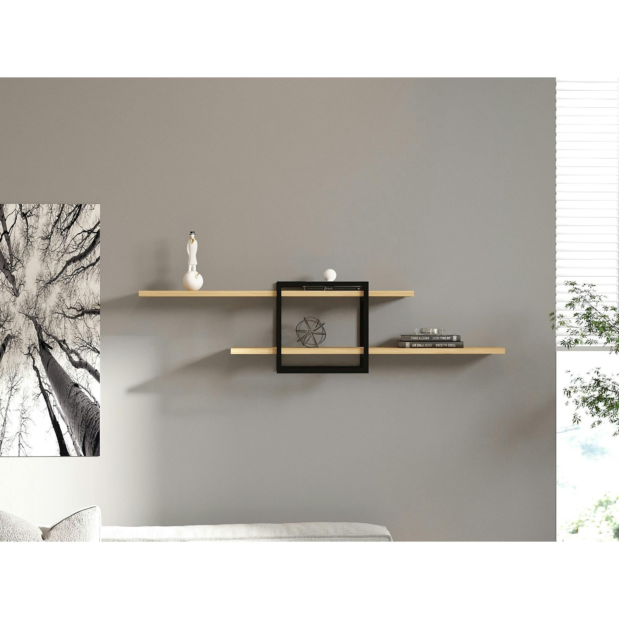 Étagère murale design effet bois clair - 1 cube, 2 plateaux JENA - 2