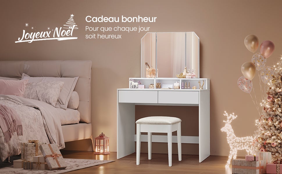 Coiffeuse Avec 3 Miroirs, 2 Tiroirs Et 3 Compartiments De Rangement, Sans Tabouret, 100 x 40 x 142 cm, Blanc - 9