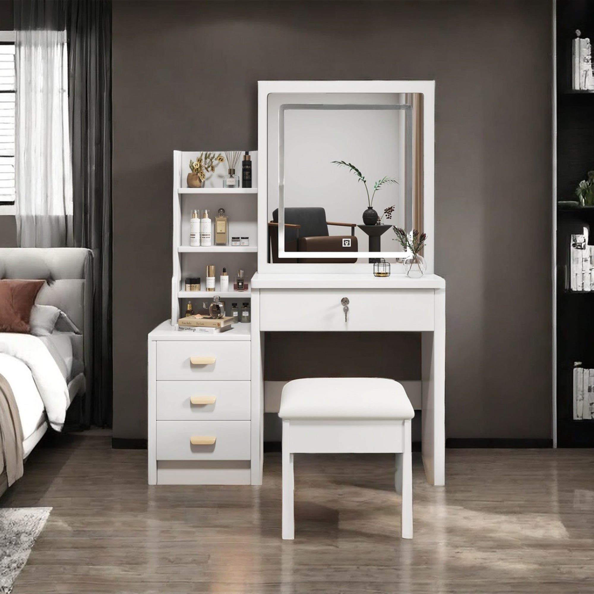 Coiffeuse avec miroir LED en MDF Blanc H. 130 x l. 85 x P. 36 cm - 2