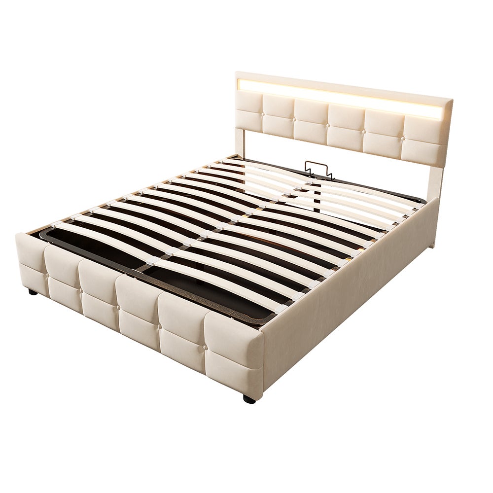 Lit rembourré 180*200 cm, éclairage LED, sommier à lattes, tissu velours, beige - 6