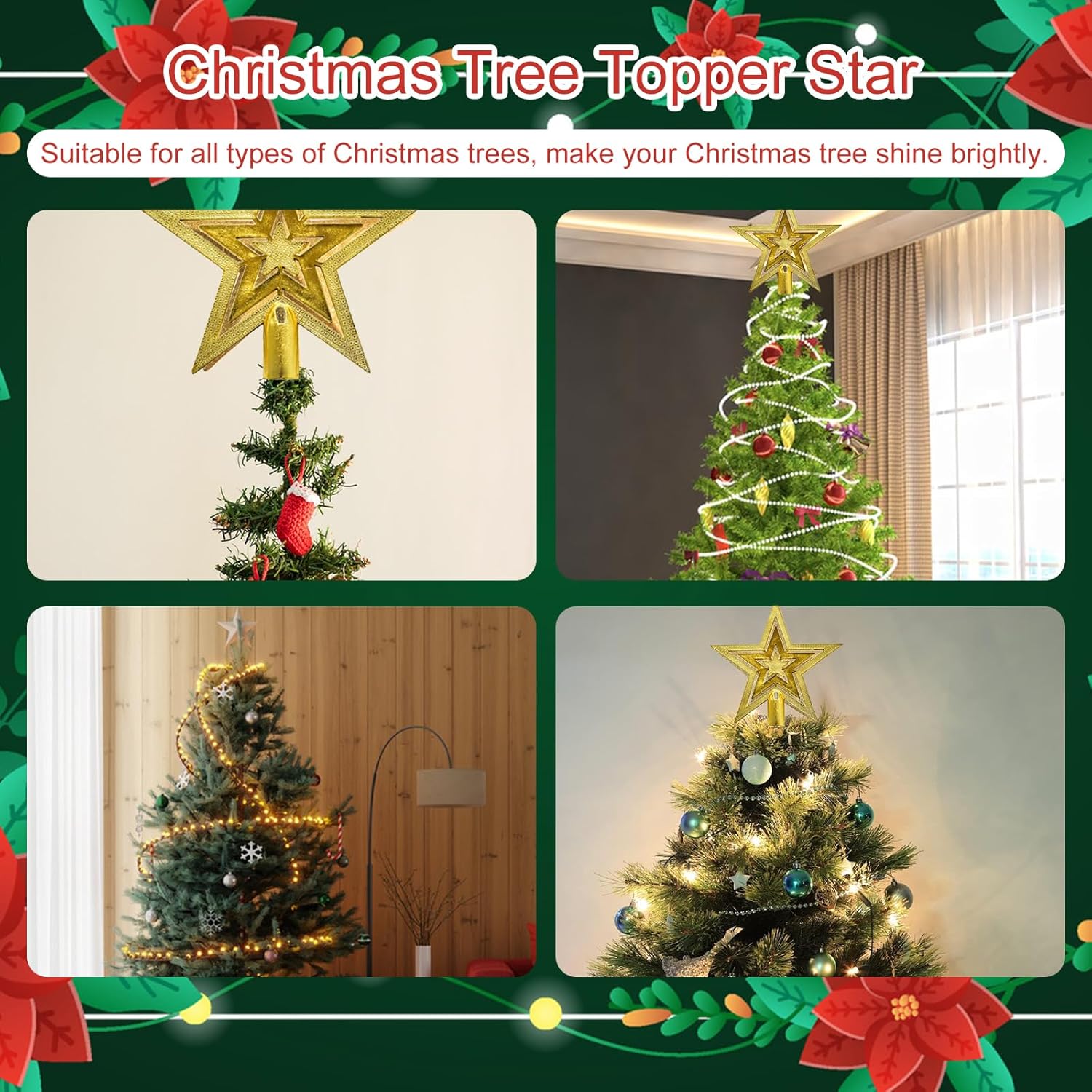 3PCS Étoile Sapin De Noël - Cimier Arbre De Noël Doré Argenté Rouge Pour Décoration Intérieur Extérieur
