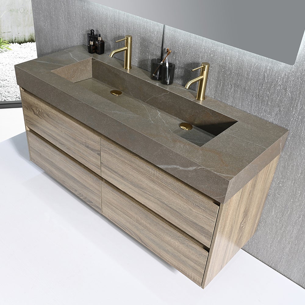 Meuble salle de bain double vasque 120cm bois et effet marbre marron avec miroir LED LB-8476M-120 - 3