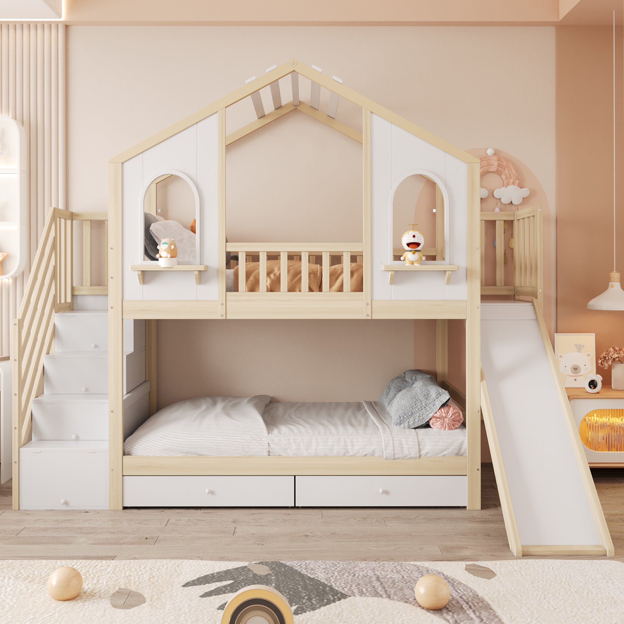 Łóżka piętrowe 2 x 90 x 200 cm ze zjeżdżalnią, 2 szufladami i 3 drzwiami - Sosna + sklejka + MDF - Naturalny + biały (Materace nie są wliczone w cenę)