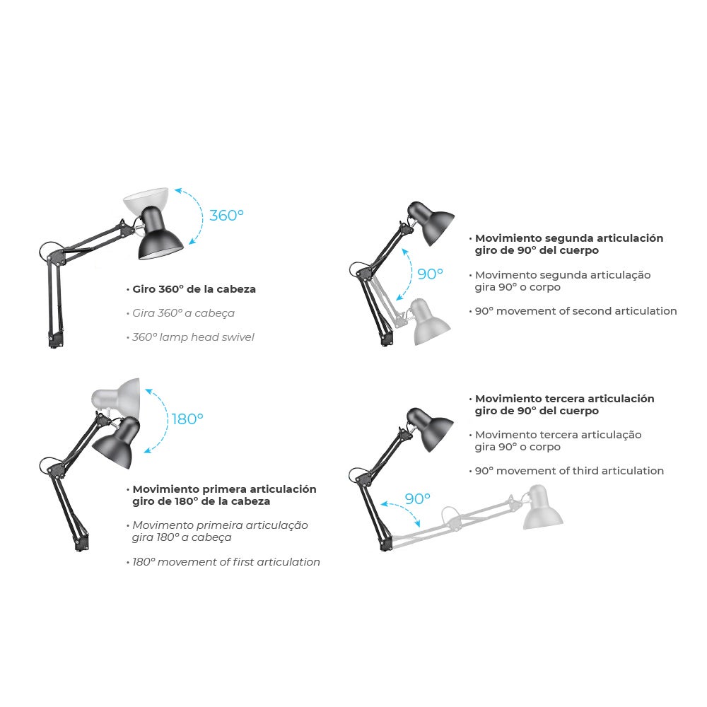 Lampe d'architecte avec pince de fixation EDM - 60W - E27 - Blanc - 5
