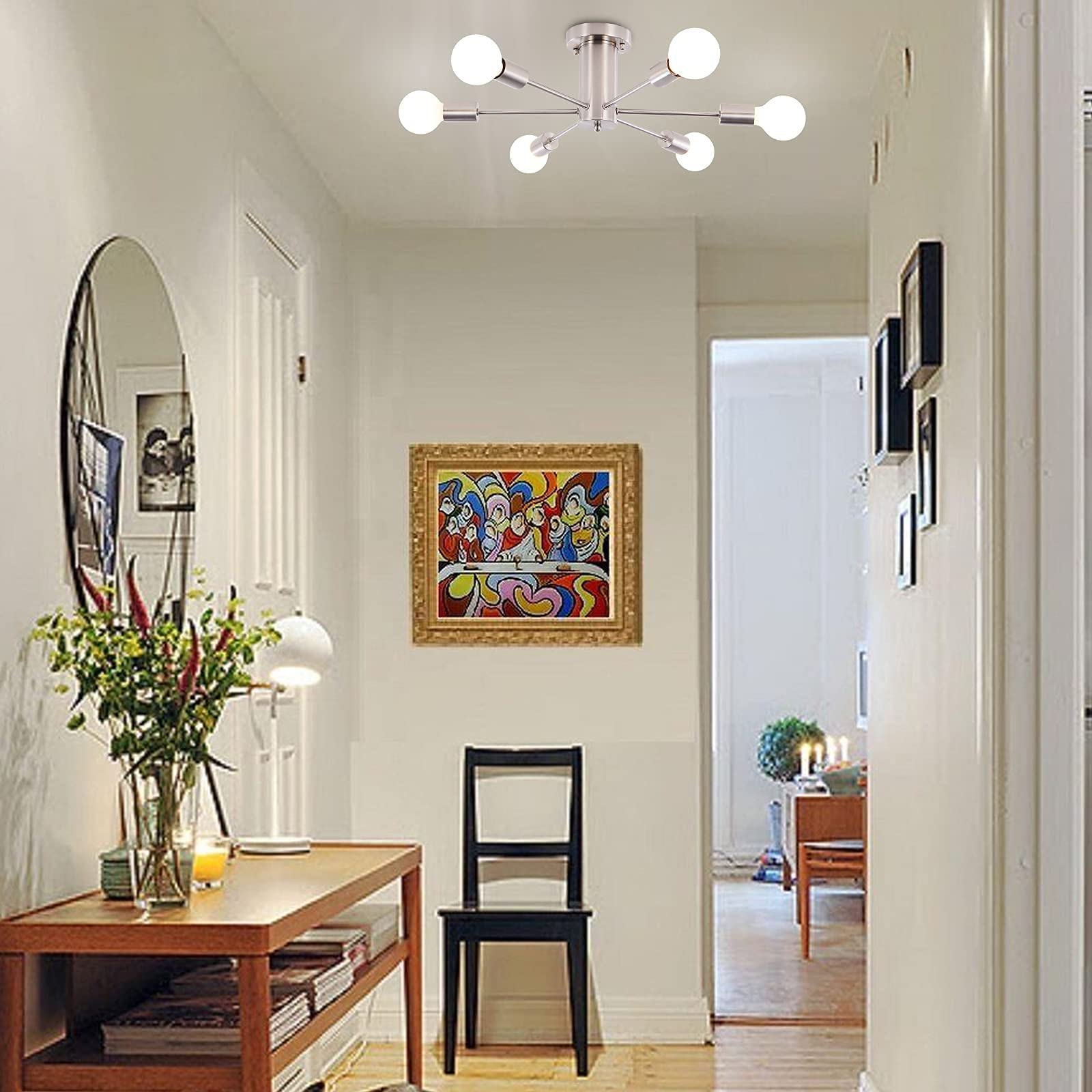 Półwpuszczana lampa sufitowa, sufitowa z 6 punktami świetlnymi, nowoczesny żyrandol satelitarny, z połowy XX wieku, srebrna (żarówki nie są dołączone) - 2