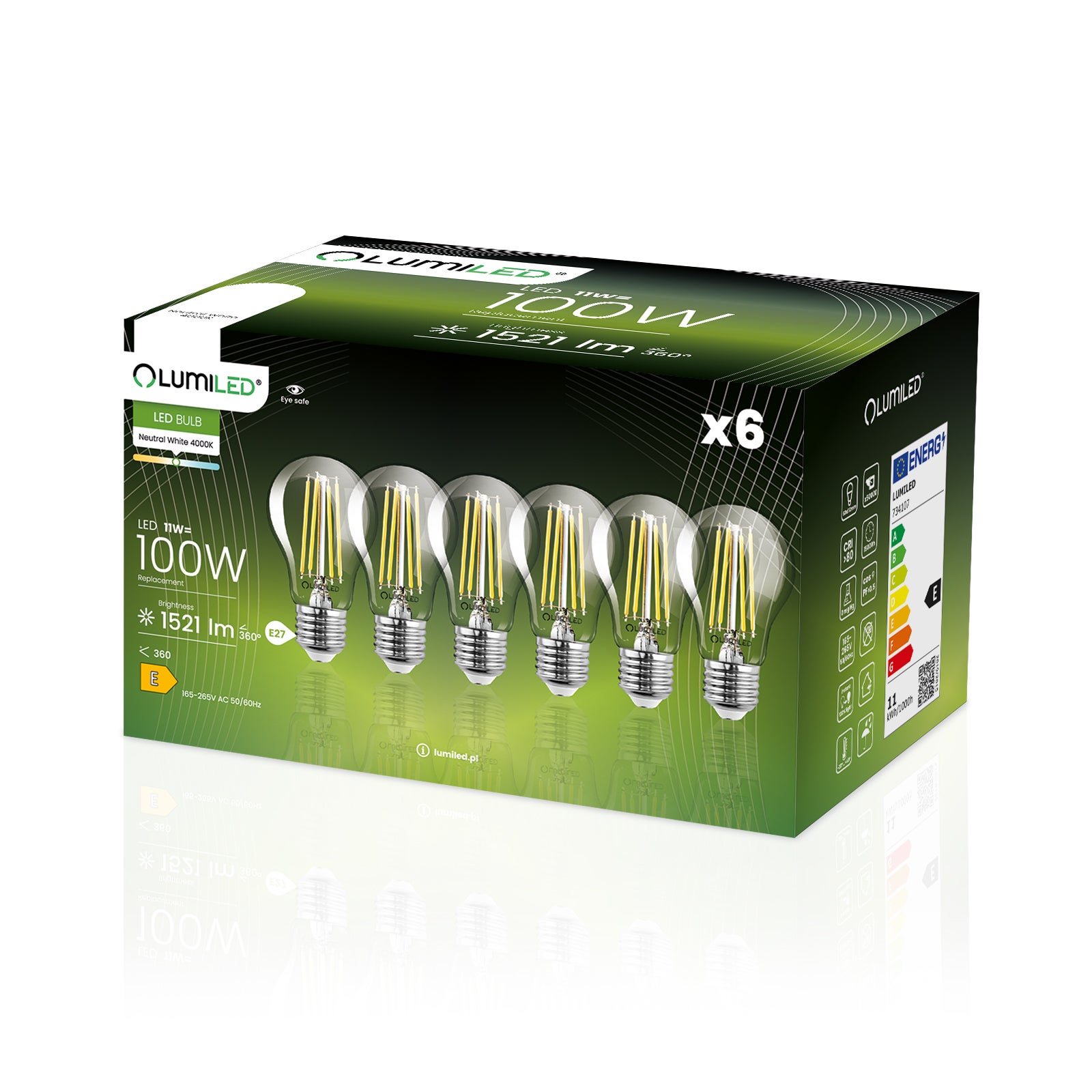Żarówka LED Lumiled E27 A60 11W 1521lm 4000K Neutralna biel 360st Filament 6 szt.