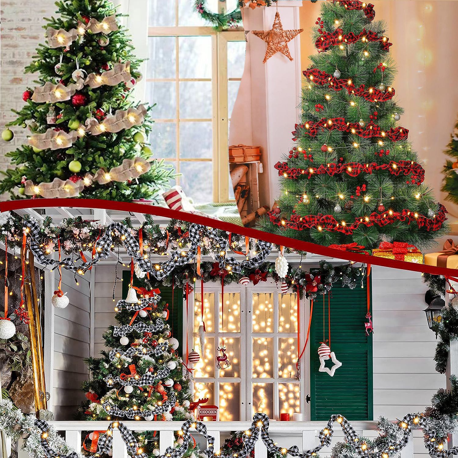 Guirlande de ruban pour sapin de Noël, bande lumineuse de 3 m x 6 rouleaux,guirlande de ruban à carreaux pour sapin, décoration de Noël - 4