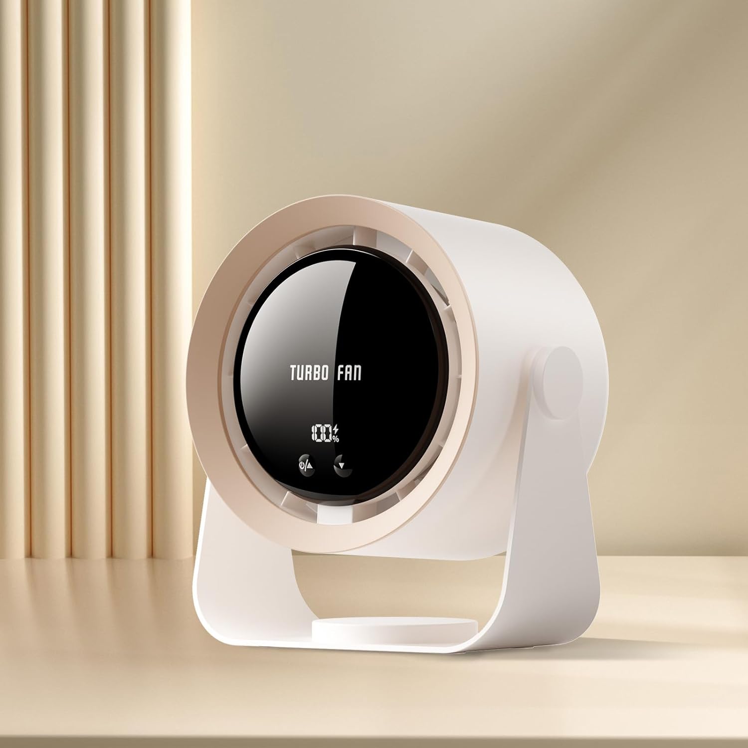 Wentylator biurkowy USB z wyświetlaczem LED i baterią 5400mAh, regulowany w 5 prędkościach, z możliwością pochylenia o 90°, wiszący, cichy i przenośny