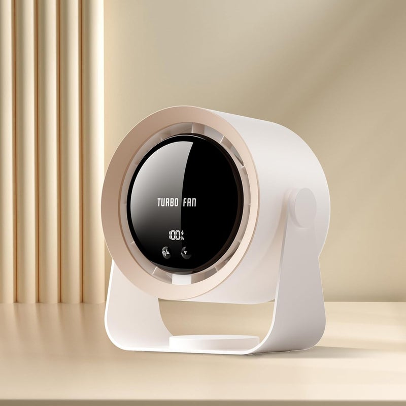 Wentylator biurkowy USB z wyświetlaczem LED i baterią 5400mAh, regulowany w 5 prędkościach, z możliwością pochylenia o 90°, wiszący, cichy i przenośny