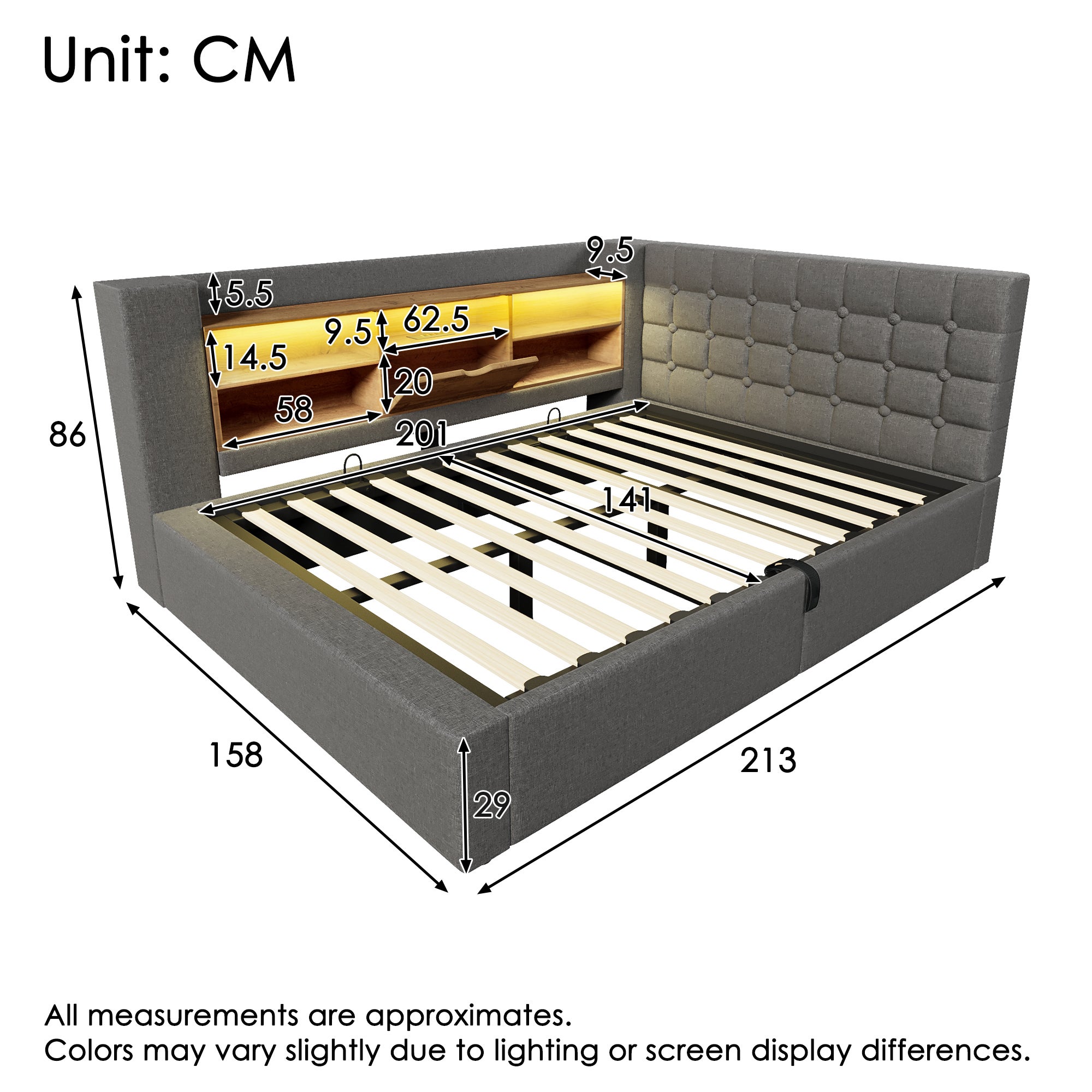 Canapé-lit coffre 140x200cm - avec LED et port de chargement - avec sommier à lattes - tissu de lin - gris - 6
