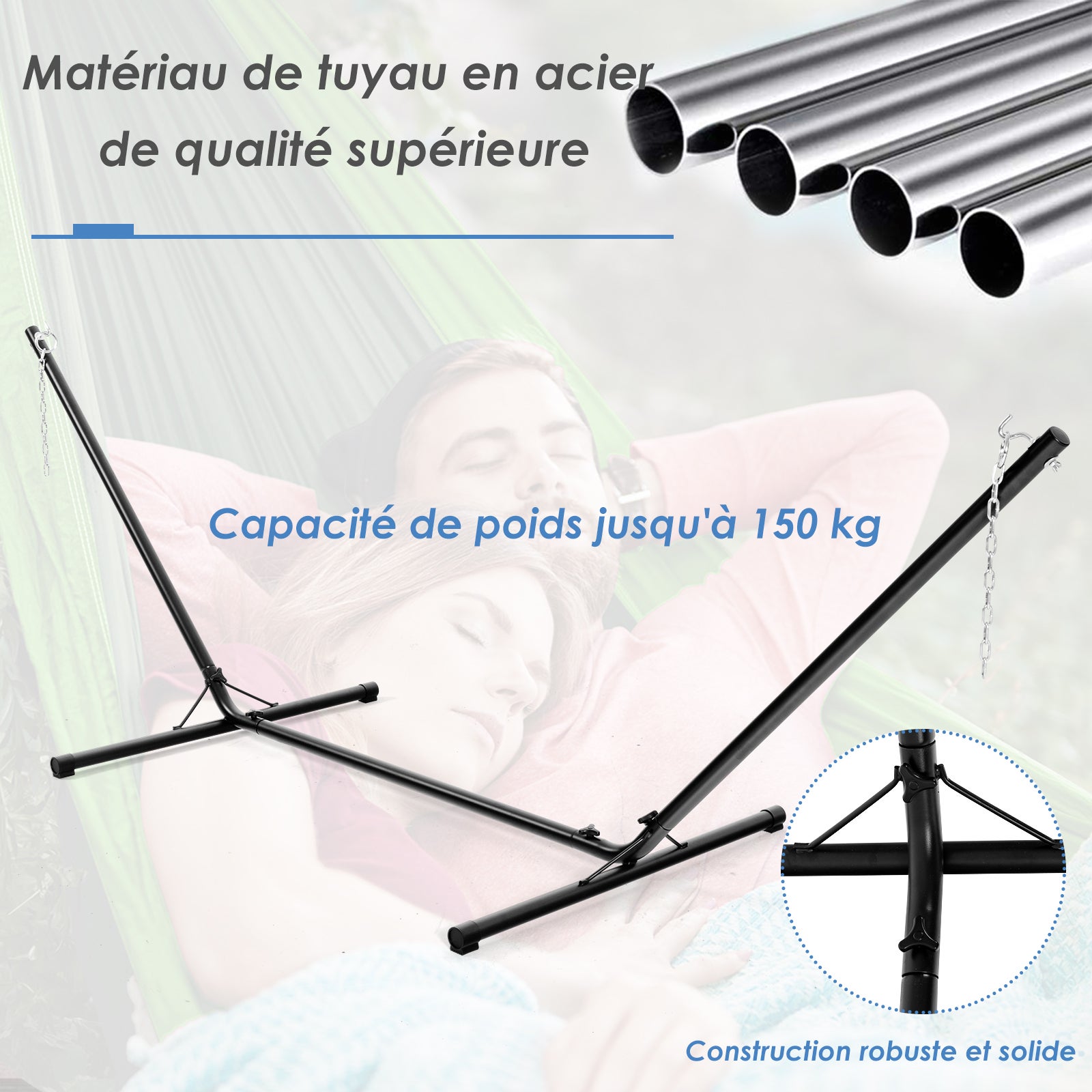 Support de Hamac en Métal 325 x 100 x 106 cm, Charge 150 KG, Structure de Hamac&nbsp;pour Accrocher Lit Balancelle et Chaises Suspendues, Noir - 5