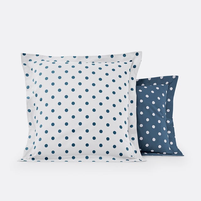 Taie d'oreiller pur coton imprimé pois, Clarisse - Blanc/bleu pétrole - 50 x 70 cm