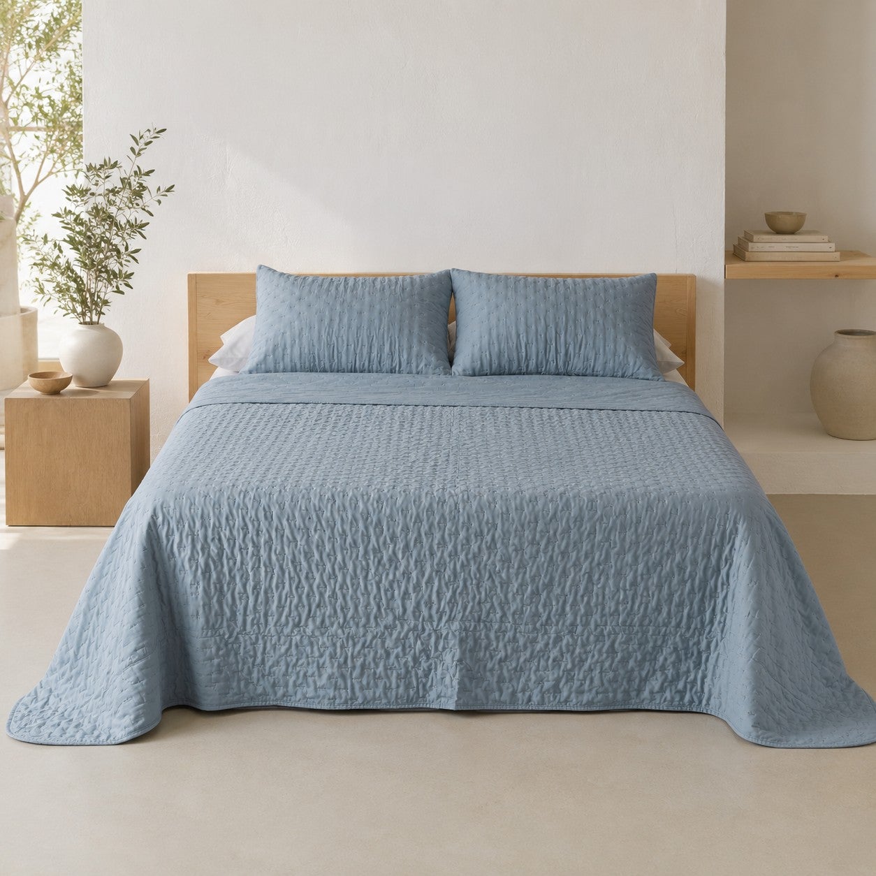Colcha acolchada lisa cama 180 incluye fundas de almohada 270x270 + 2(50x70) cm azul - 3