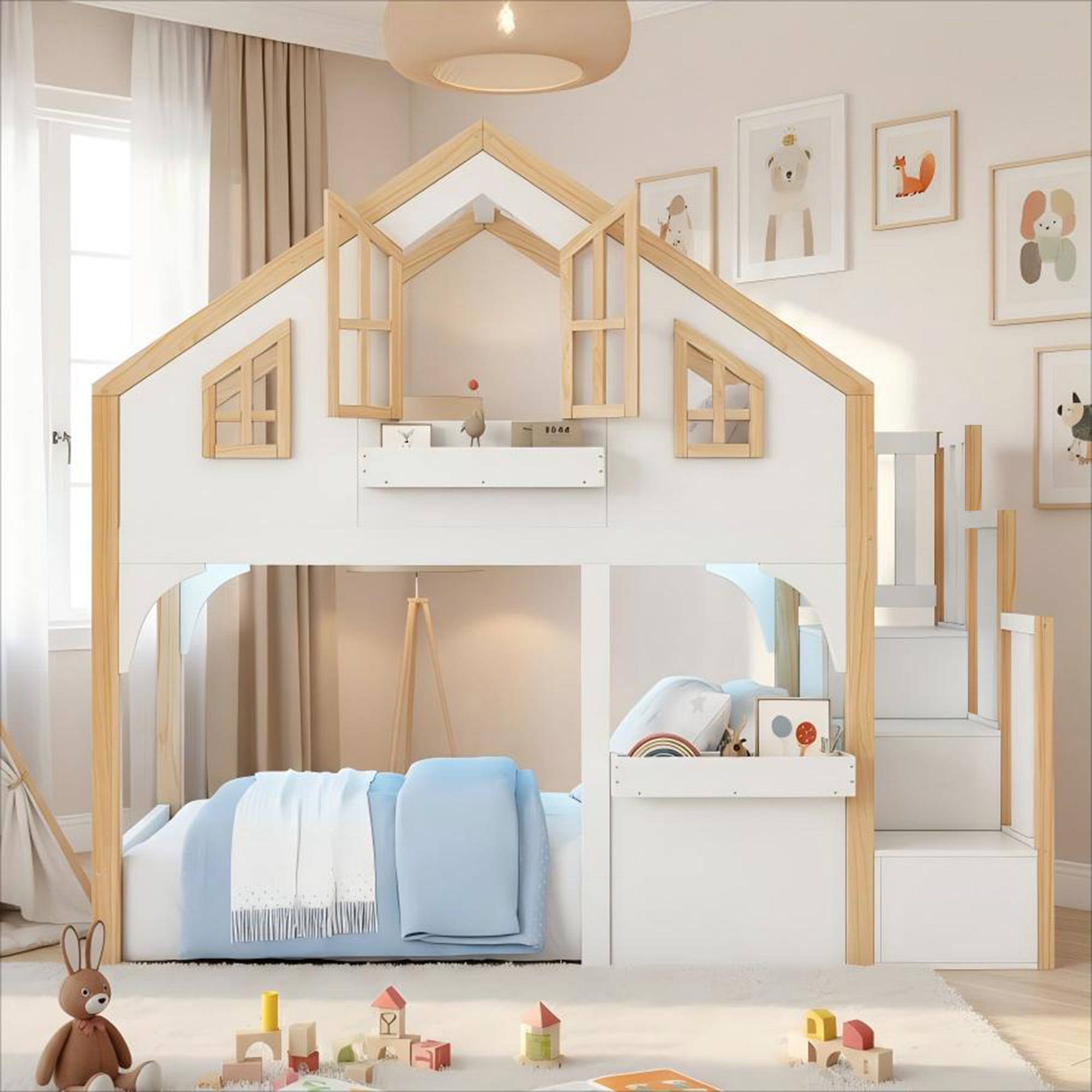 Lit cabane enfant superposé 90x200 cm avec escalier de rangement,lit ...