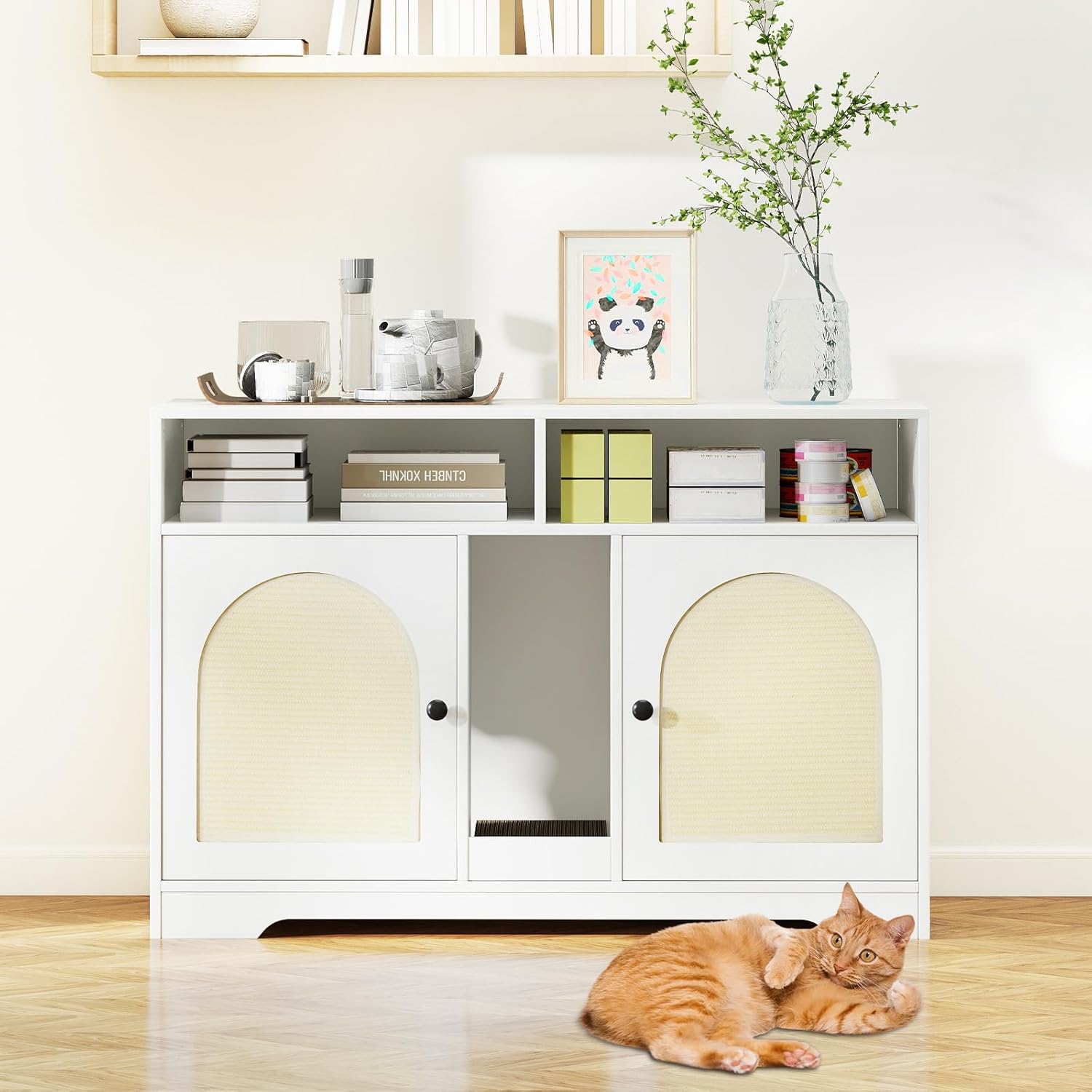 Móvel para caixa de areia para gatos, 108 x 50,5 x 73,5 cm, casa de banho para gatos de interior, 2 entradas, 2 compartimentos abertos - 8