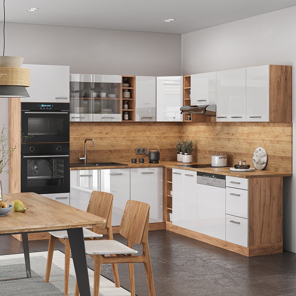Vicco Cuisine en angle R-Line, Blanc Haute brillance/Chêne de force doré, 247 x 237 cm sans PT - 5