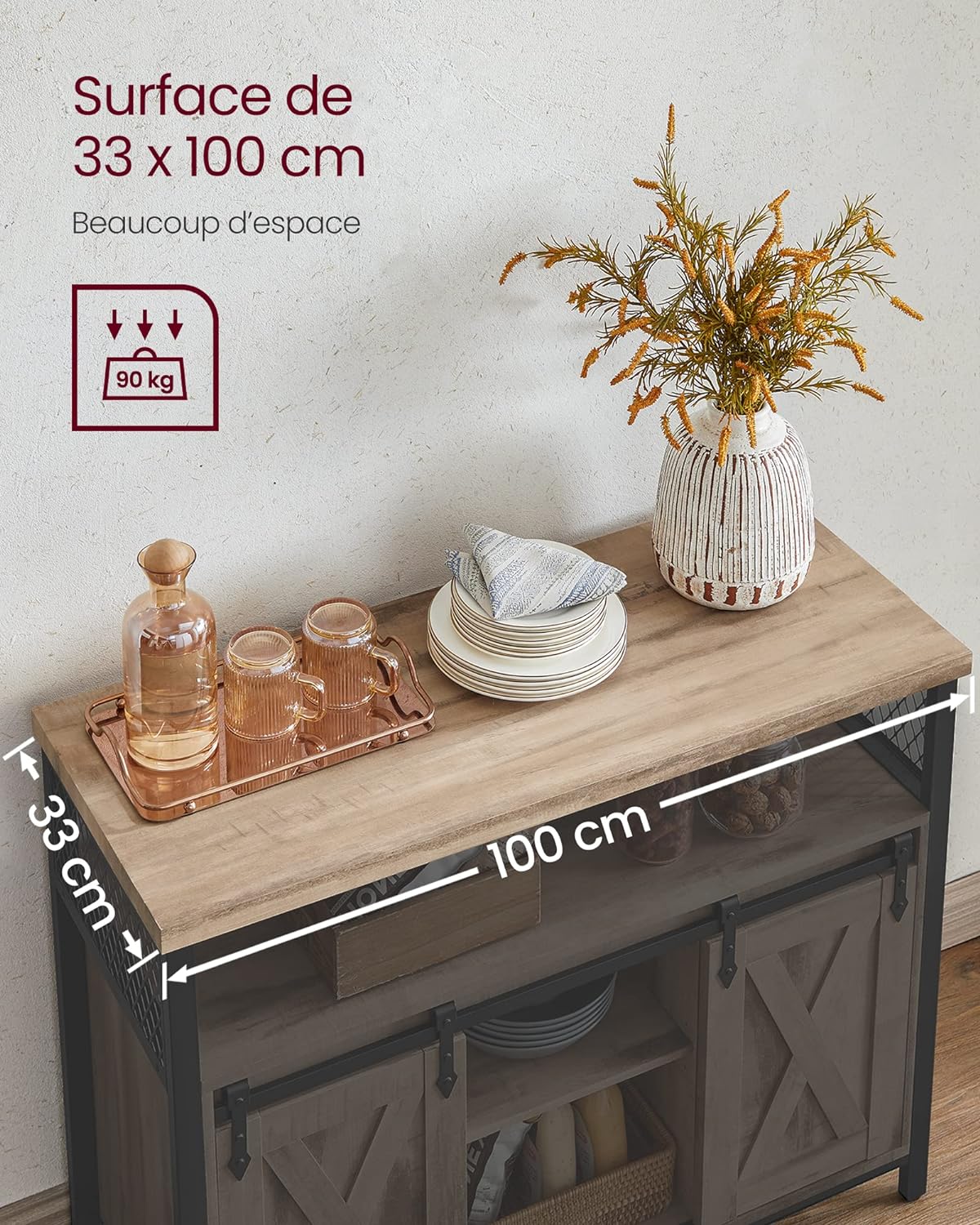 Buffet De Cuisine, Avec 2 Portes Coulissantes, 100 x 33 x 80 cm, Style Industriel, Couleur Boisée - 4