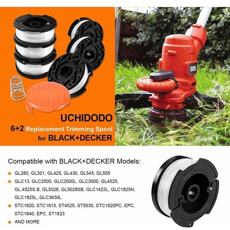 6 Szpule z żyłką do podkaszarki z 1 pokrywką szpuli i 1 sprężyną, szpula z żyłką do kosiarki Black et Decker
