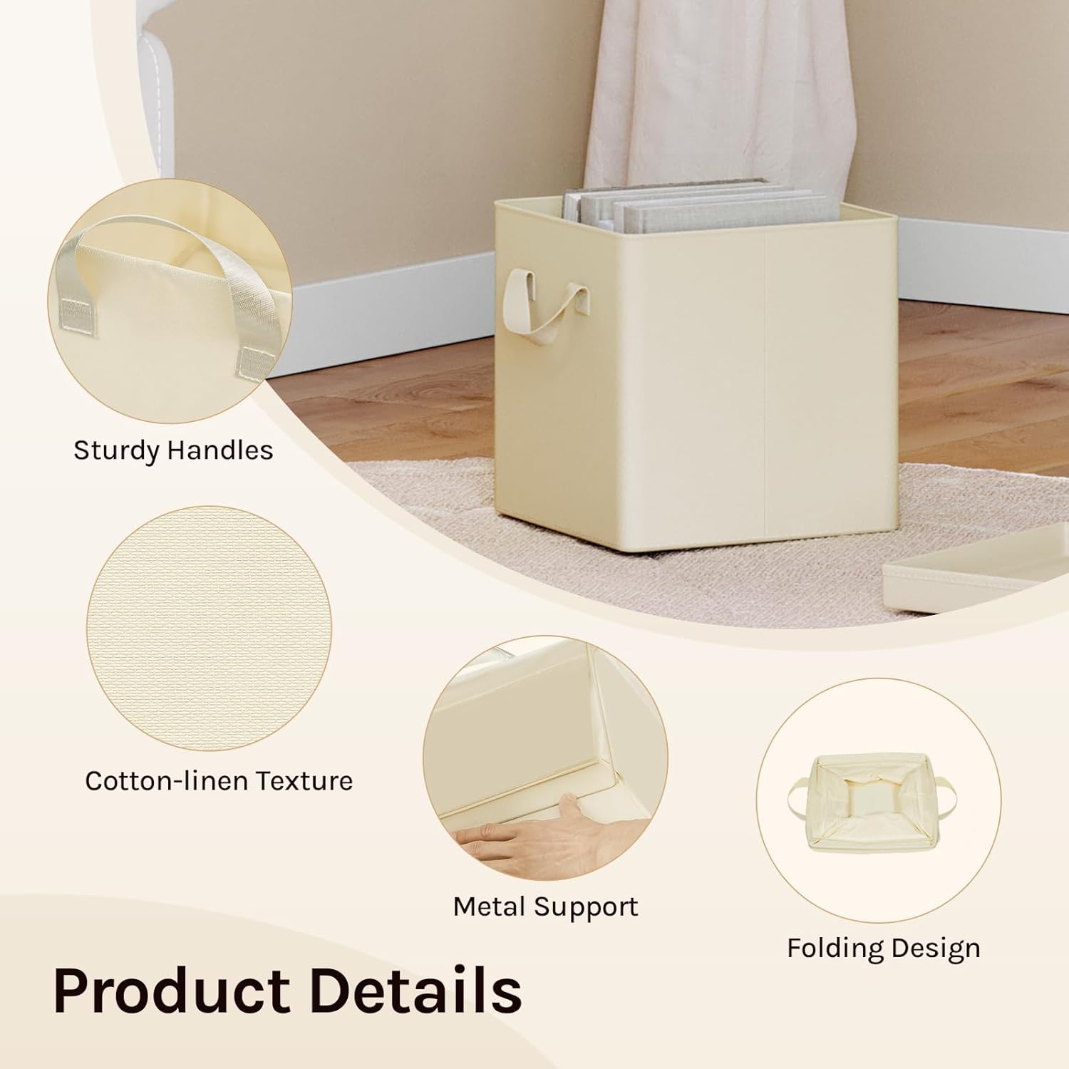 Lot de 5 Boîtes Rangement WOLTU, 30x30x29 cm, Cubes de Rangement Tissu avec Couvercle, Poignée et Cadre en Métal, Pliable, Crème - 5
