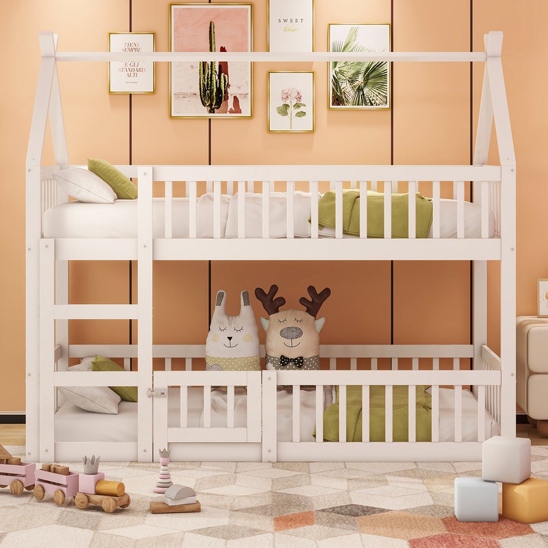 Łóżko piętrowe 90 x 200 cm - lite drewno - ze schodkami - białe