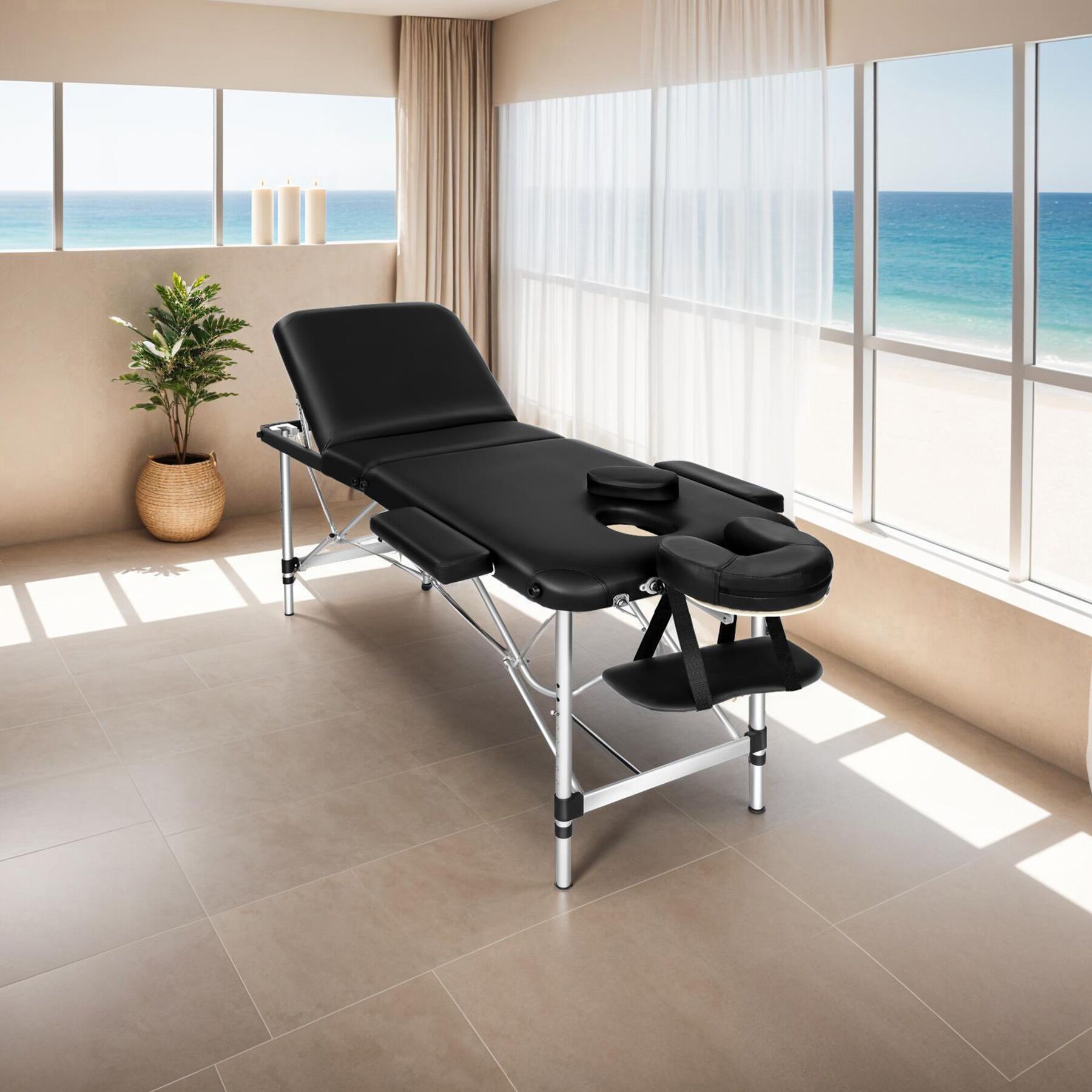 Table de massage en vinyle, pliable, 3 zones, rembourrage épais, appui-tête amovible, noir TECTAKE - 2