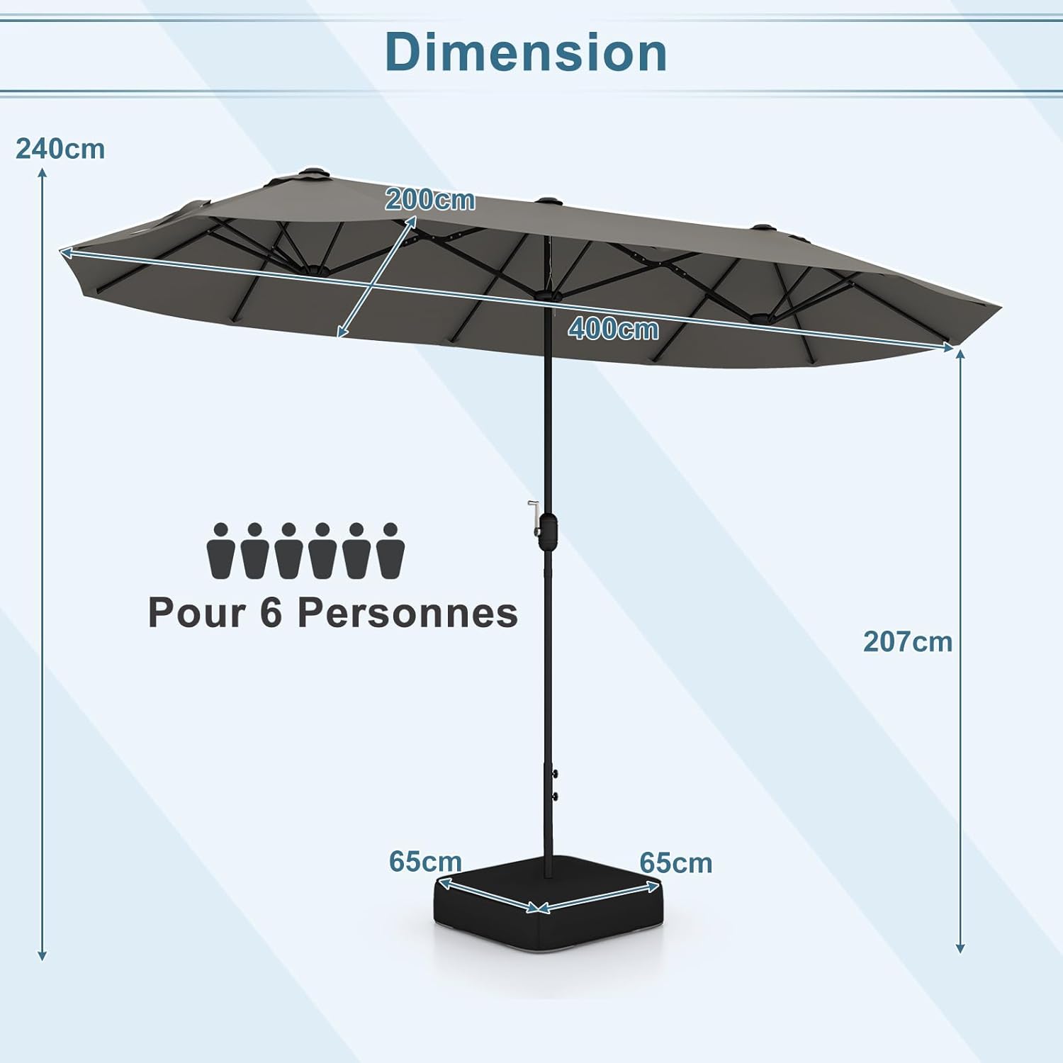 Parasol de Jardin Exterieur avec Pied, 4M Parasol Double Face avec Manivelle,pour 6 Personnes pour Marché, Piscine, Terrasse, Balcon (Gris) - 9