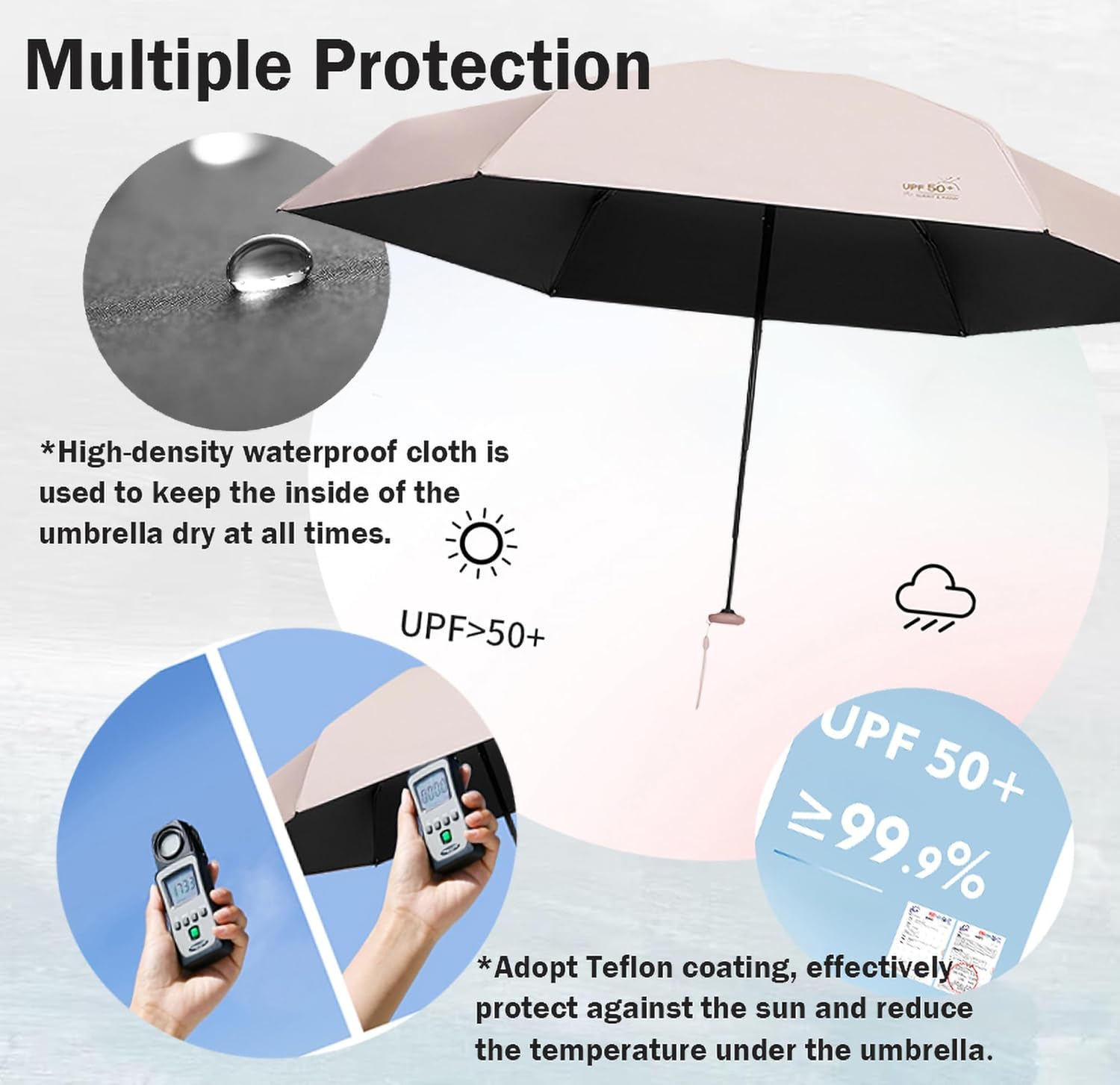 Parapluie de voyage anti-UV (vert), indice de protection UPF 50, 99,9 % compact et léger, format portable, pliable, se glisse dans un sac à dos - 2