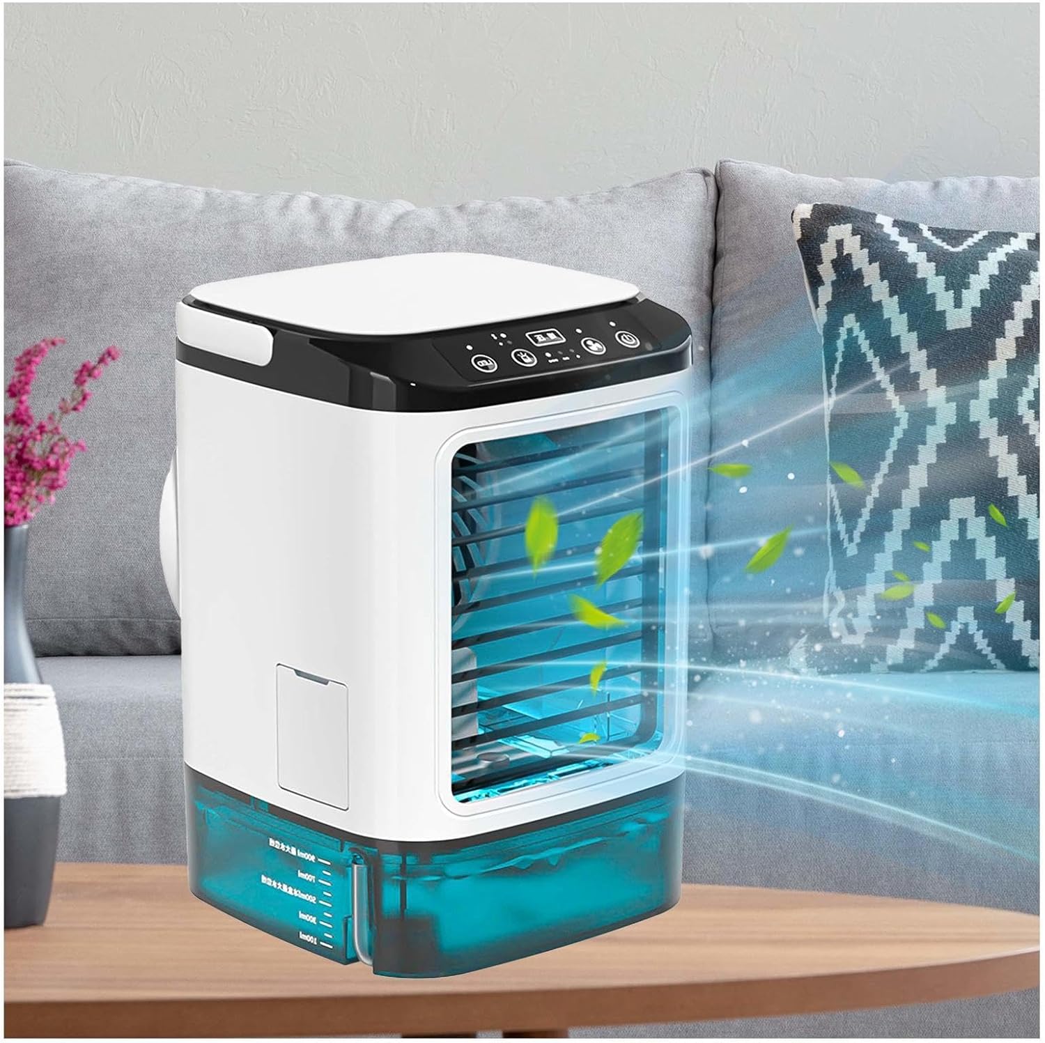 Mini klimatyzator z chłodziarką i funkcją rozpylania, 3 prędkości wentylacji, 7 kolorów z LED, schładzacz powietrza - do podłączenia