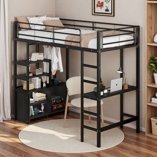 Lit mezzanine 90 x 200 cm, lit enfant avec bureau, prise USB, étagères, rangement ouvert, cadre en fer, noir (sans matelas)